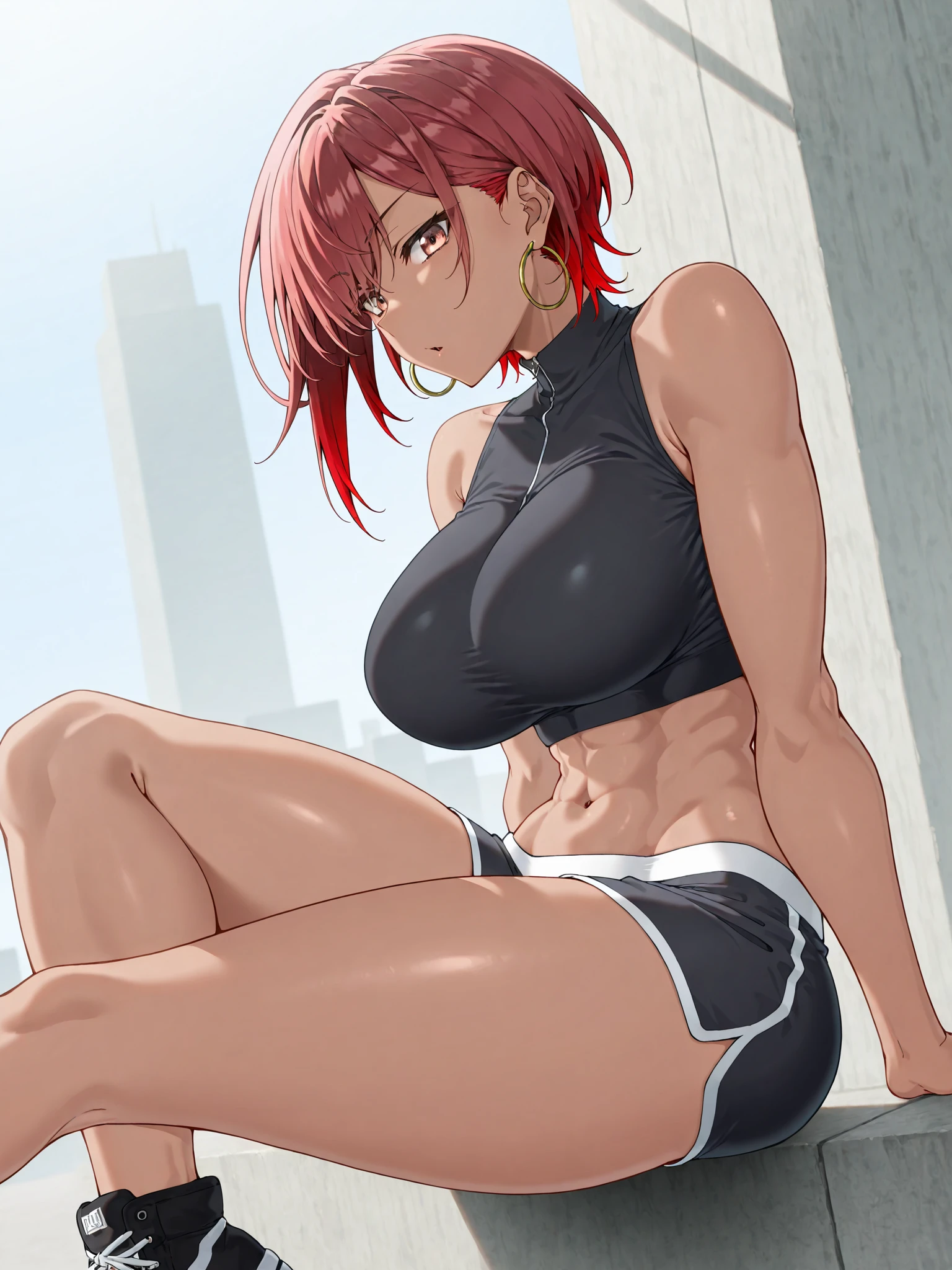 1girl, buff muscular, abs, black lingerie, garterbelt, stockings, high heels, light skin, pink hair, at a park, sitting on a bench, left leg on op of right leg, smug face