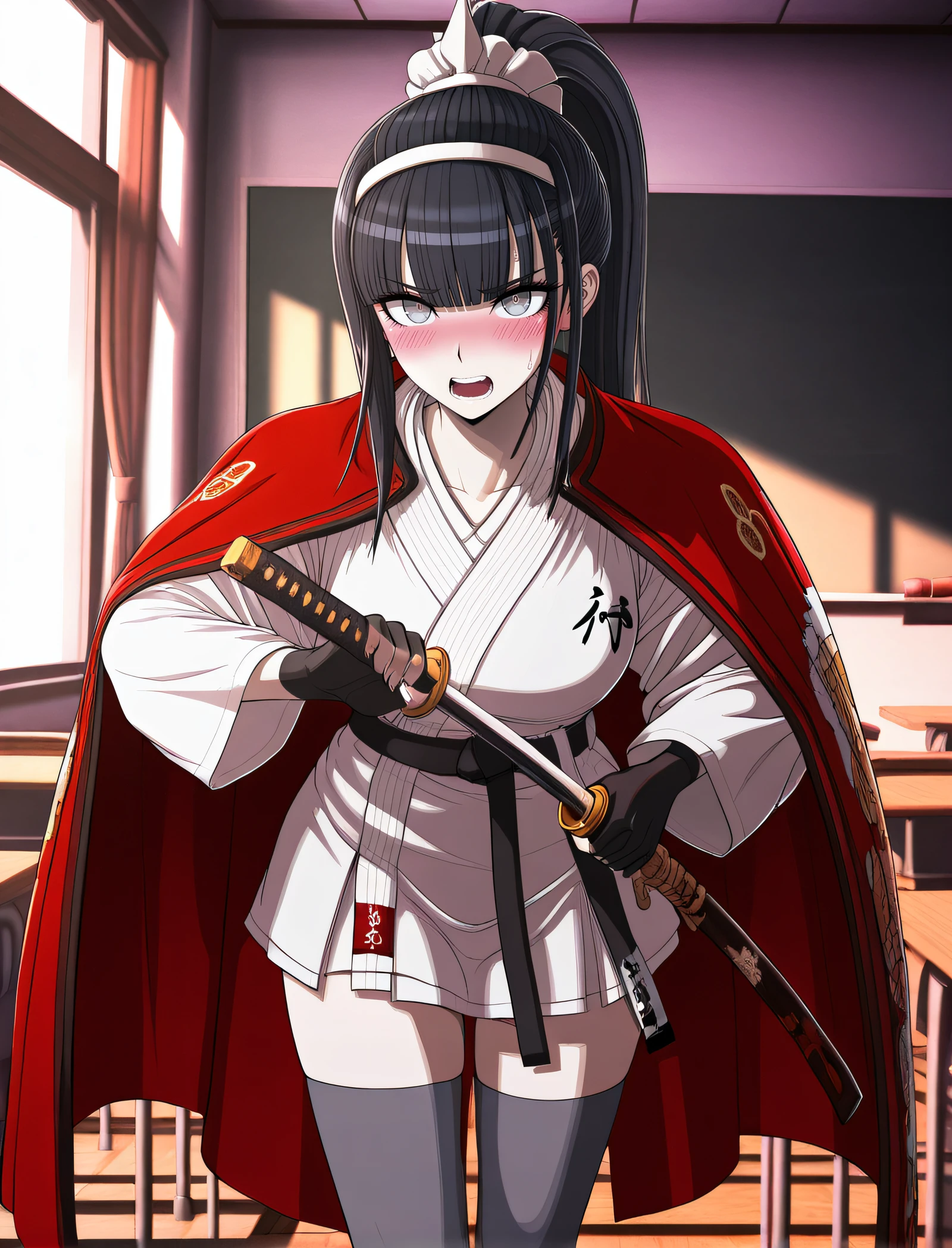 masterpiece, best quality, highres, newest, 1girl, solo, official style, <lora:Kyoshika_Magadori:1>, kyoshika, ponytail, blunt bangs, black hair, grey eyes, keikogi, red cape, black belt, hairband, black gloves, fingerless gloves, grey thighhighs, looking at viewer, indoor, blush, sweatdrop, open mouth, teeth, embarrased, holding katana, classroom