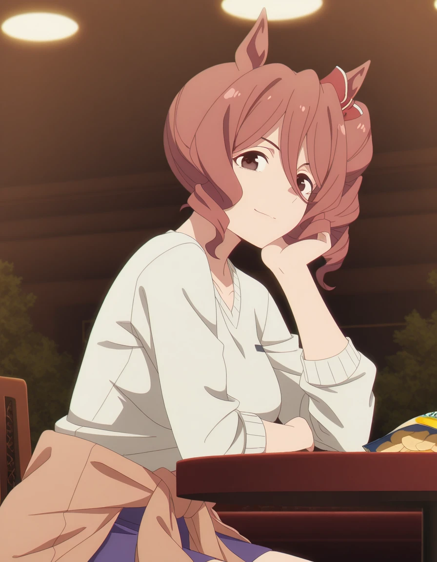 masterpiece, best quality, amazing quality,, <lora:norn-ace-s1-illustriousxl-lora-nochekaiser:1>, norn ace, brown hair, animal ears, hair between eyes, brown eyes, side ponytail, horse ears, horse girl, drill hair, mature female, breasts, anime screencap, shirt, skirt, long sleeves, jacket, white shirt, sweater, brown jacket, clothes around waist, brown sweater, sitting, elbow rest, table,, casino, games, lights, chips, luck, cowboy shot, solo, looking at viewer,