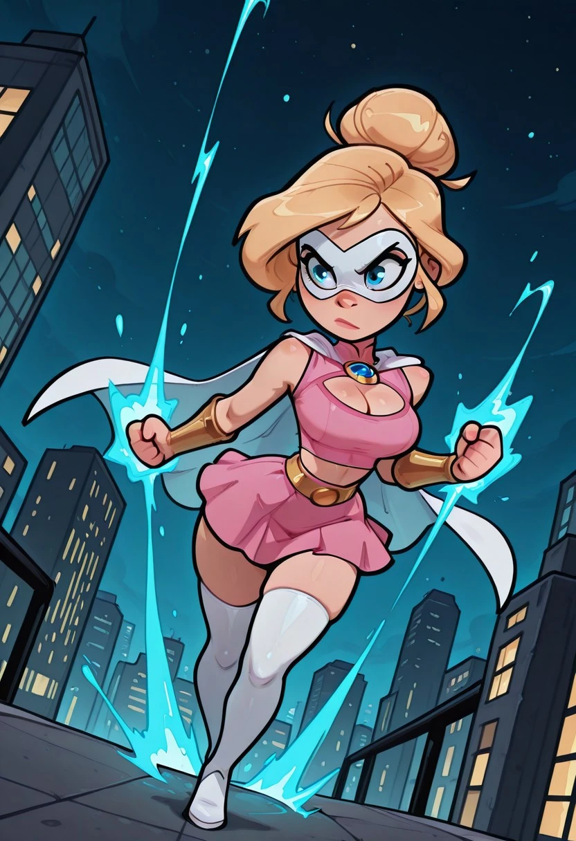 Masterpiece, comicbook style, amazing quality, detailed, newest, dynamic angle, amazing quality, 4k, high resolution, ultra-detailed, newest, missvirtue, 1girl, blonde hair, hair bun, white mask, cape, blue gem, pink crop top, cleavage cutout, pink skirt, white thighhighs, full body, night, city, fight, action pose, energy