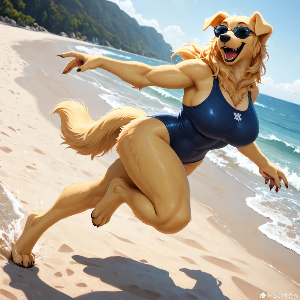 lazypos BREAK (anthro female golden retriever),1girl,solo,toned female,golden fur,blue eyes,female swimsuit,sunglasses,curvy,thick,voluptuous,smiling,happy,open mouth,running on the beach BREAK beach,outdoors,sunny,afternoon,full body,dynamic pose,dynamic angle,dynamic view,