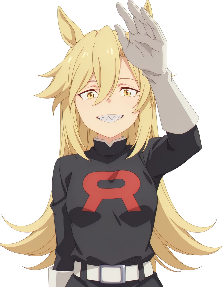 masterpiece, best quality, amazing quality,, <lora:rudy-lemono-s1-illustriousxl-lora-nochekaiser:1>, rudy lemono, long hair, blonde hair, animal ears, hair between eyes, yellow eyes, horse ears, horse girl, sharp teeth, mature female, small breasts, anime screencap, <lora:team-rocket-uniform-illustriousxl-lora-nochekaiser:1>, team rocket uniform, black hat, black shirt, black skirt, white belt, white gloves, single letter,, <lora:incoming-headpat-illustriousxl-lora-nochekaiser:1>, incoming headpat, headpat, pov, outstretched arm, reaching, reaching towards viewer, looking at viewer, smile, upper body, , <lora:transparent-background-illustriousxl-lora-nochekaiser:1>, transparent background, simple background, white background