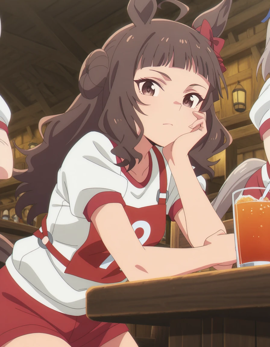 masterpiece, best quality, amazing quality,, <lora:dynam-heroine-s1-illustriousxl-lora-nochekaiser:1>, dynam heroine, long hair, brown hair, animal ears, brown eyes, tail, ahoge, hair bow, blunt bangs, red bow, horse ears, horse girl, horse tail, mature female, small breasts, anime screencap, shirt, white shirt, short sleeves, shorts, pants, gym uniform, red shorts, red pants, gym shirt, race bib, head rest, tavern, drinks, rustic, friends, old, cowboy shot, solo, looking at viewer,