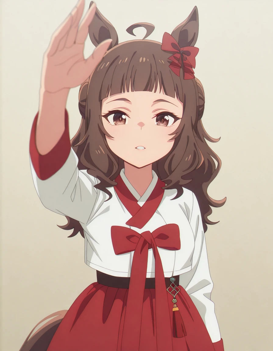 masterpiece, best quality, amazing quality,, <lora:dynam-heroine-s1-illustriousxl-lora-nochekaiser:1>, dynam heroine, long hair, brown hair, animal ears, brown eyes, tail, ahoge, hair bow, blunt bangs, red bow, horse ears, horse girl, horse tail, mature female, small breasts, anime screencap, <lora:hanbok-illustriousxl-lora-nochekaiser:1>, hanbok, korean clothes,, <lora:incoming-headpat-illustriousxl-lora-nochekaiser:1>, incoming headpat, headpat, pov, outstretched arm, reaching, reaching towards viewer, looking at viewer, cowboy shot, ,