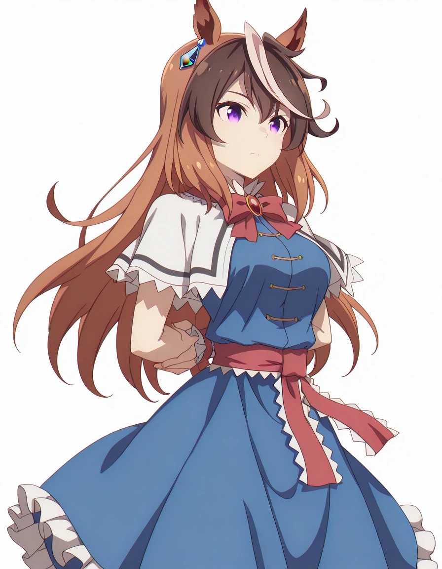 masterpiece, best quality, amazing quality,, <lora:symboli-rudolf-s1-illustriousxl-lora-nochekaiser:1>, symboli rudolf, symboli rudolf (umamusume), long hair, brown hair, animal ears, hair between eyes, purple eyes, white hair, multicolored hair, streaked hair, horse ears, horse girl, mature female, medium breasts, anime screencap, <lora:alice-margatroid-cosplay-illustriousxl-lora-nochekaiser:1>, alice margatroid cosplay, alice margatroid (cosplay), blue dress, bow, bowtie, red bowtie, brooch, capelet, dress, jewelry, red sash, sash, white capelet, wrist cuffs, frilled skirt, frills, frilled capelet, frilled sash, frilled ribbon,, <lora:kung-fu-illustriousxl-lora-nochekaiser:1>, kung fu, martial arts, training, fighting stance, cowboy shot, hands behind back, , <lora:transparent-background-illustriousxl-lora-nochekaiser:1>, transparent background, simple background, white background