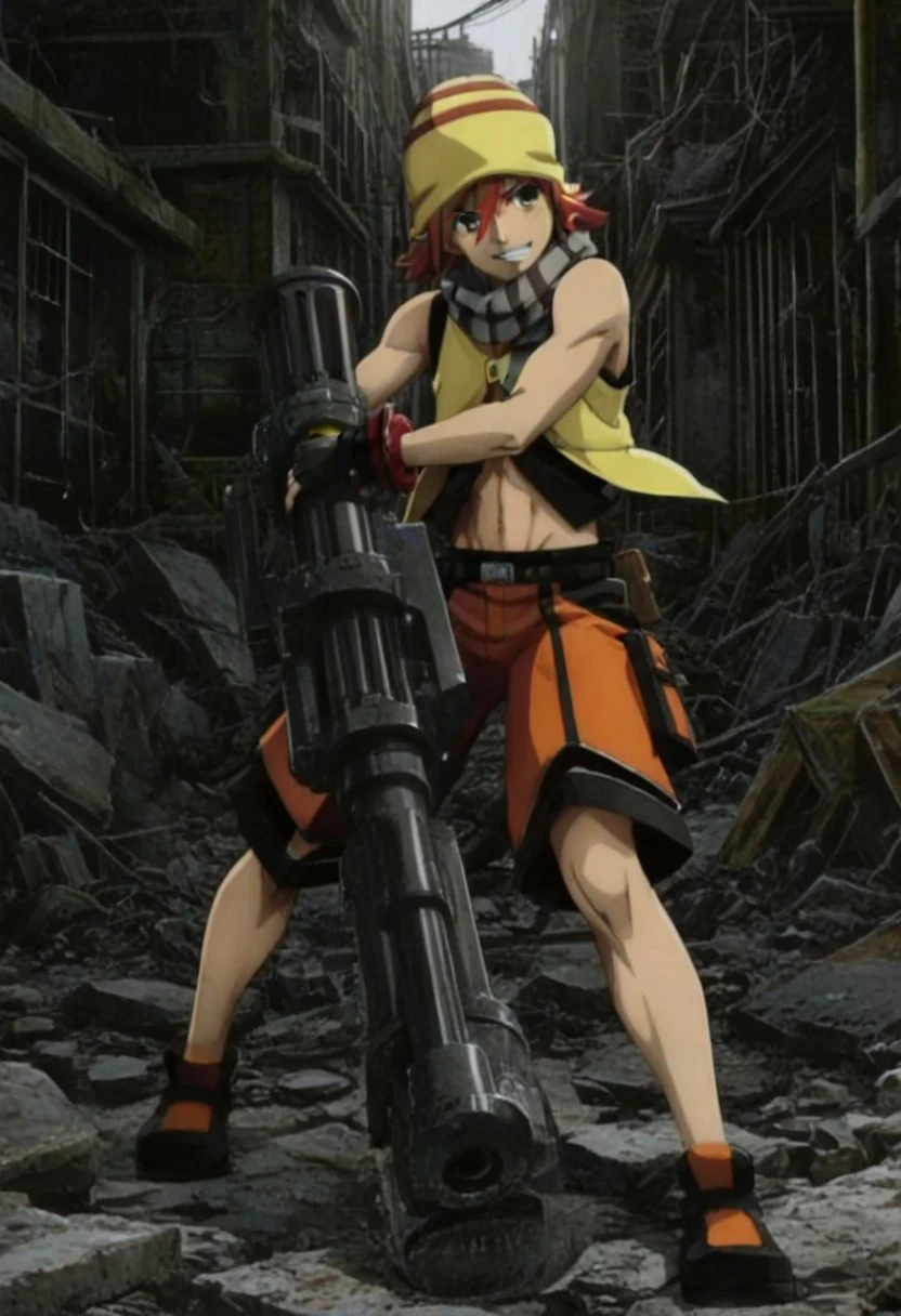 Anime, anime screencap, anime coloring, official art, 1male only, 1boy only, male focus, solo male, tall body, tall height, lean figure, toned body, slim figure, handsome, very attractive male, , cute, charming, Kouta Fujiki, red-orange hair, brown eyes, yellow beanie with orange stripes, gray striped scarf, yellow open vest, single button, black undershirt, sleeveless, midriff, black fingerless gloves, red wrist brace, belt, black and orange shorts, black and orange shoes, full body shot, smile showing teeth, post apocalyptic background, sci fi back ground, ruins, long big gun weapon, action pose, fight stance, dynamic shot, dynamic pose, dynamic angle, smirk