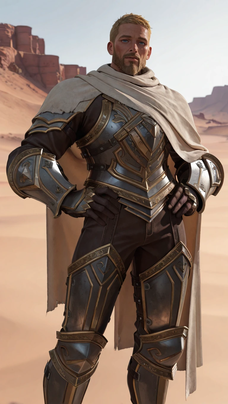 masterpiece,best quality,absurdres,newest,perfect quality,best quality,absolutely eye-catching,detailed background,<lora:World of Warcraft - TWW - Anduin Lothar - Illustrious-000006:0.7>,wow_alothar,1boy,adult male,blonde hair,very short hair,full beard,blue eyes,pauldrons,breastplate,gauntlets,looking at viewer,short white cloak,standing,hands on own hips,contrapposto,desert,outdoors,