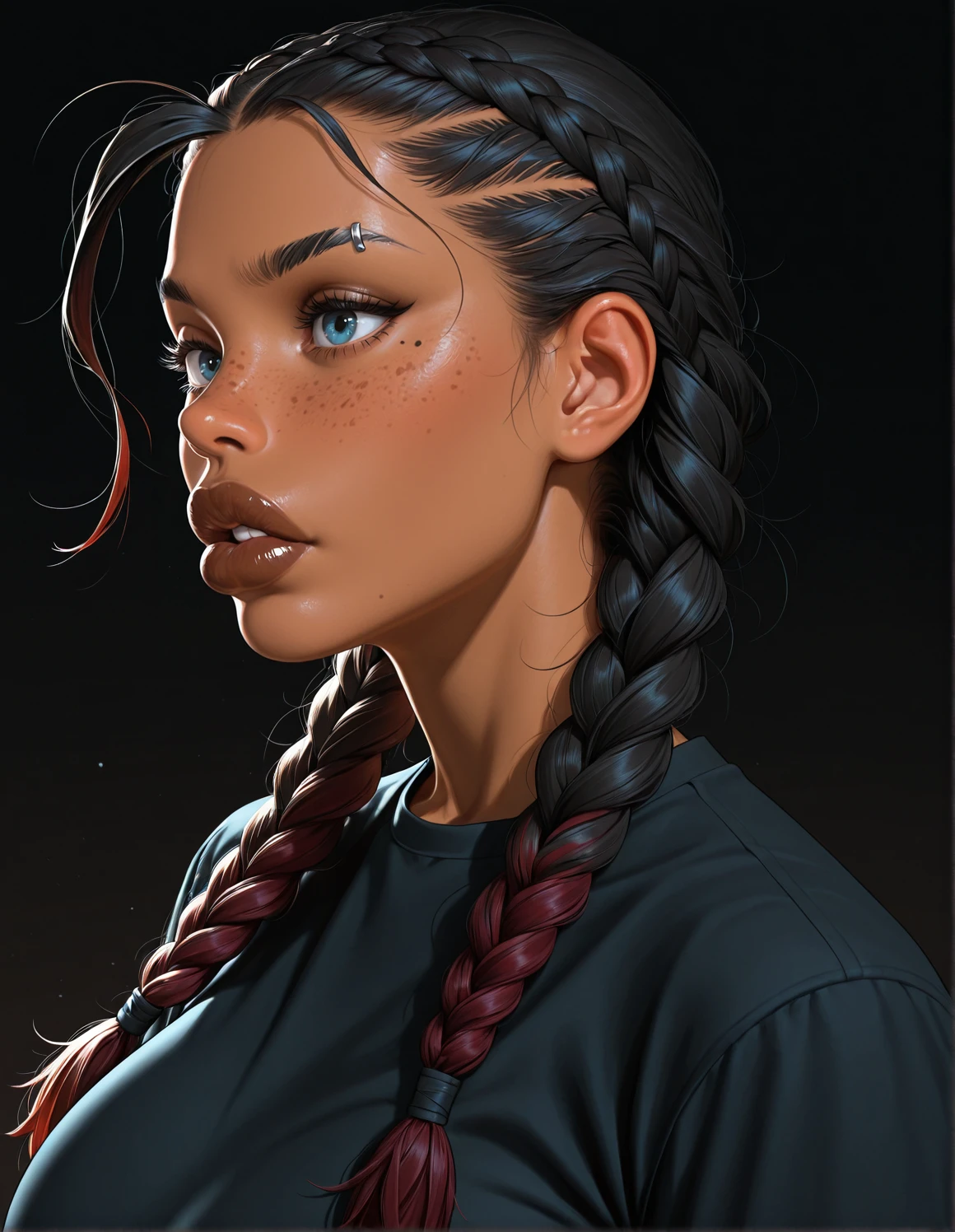 masterpiece, best quality, amazing quality, very aesthetic, detailed eyes, perfect eyes, realistic eyes, <lora:Bolted_On_Lips_v4:0.3> boltedonlips, big lips, puffy lips, thick lips, 1girl, large breasts, sidelighting, backlighting, light rays, bloom, dappled sunlight, dark, refraction, <lora:Dutch_Braids:0.8> dutch_braids, braid, twin braids, long hair, dark-skinned female, dark skin, burgundy hair, black hair, streaked hair, eyebrow cut, anti-eyebrow piercing, blue eyes, brown lips, lipgloss, mole under eye, freckles, parted lips,