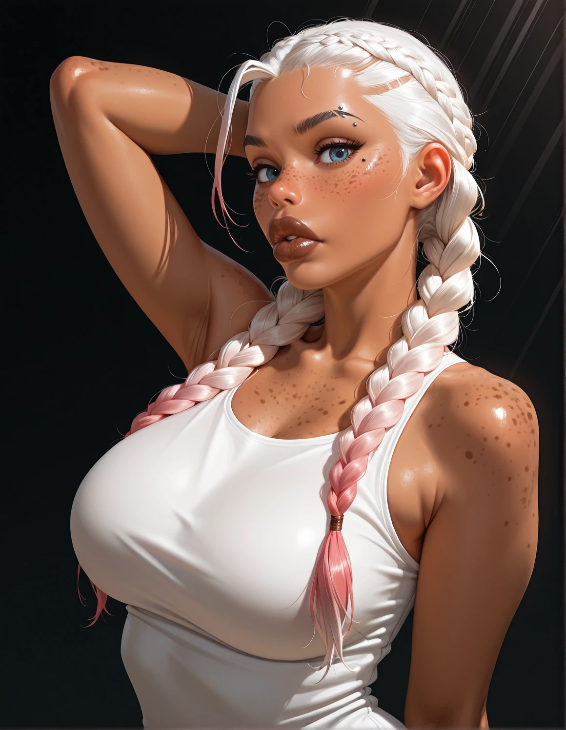 masterpiece, best quality, amazing quality, very aesthetic, detailed eyes, perfect eyes, realistic eyes, <lora:Bolted_On_Lips_v4:0.3> boltedonlips, big lips, puffy lips, thick lips, 1girl, large breasts, sidelighting, backlighting, light rays, bloom, dappled sunlight, dark, refraction, <lora:Dutch_Braids:0.8> dutch_braids, braid, twin braids, long hair, dark-skinned female, dark skin, white hair, pink hair, gradient hair, eyebrow cut, anti-eyebrow piercing, blue eyes, brown lips, lipgloss, mole under eye, freckles, parted lips, looking at viewer, hand behind head, wide hips,