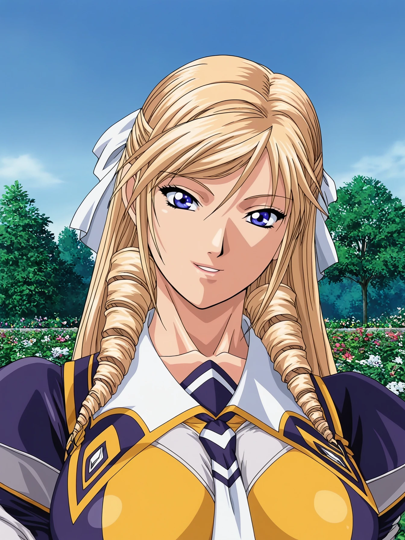 masterpiece, best quality, highres, absurdres, very awa, newest, (anime screenshot:0.8), game cg, sfw,
Leona Morimoto, 1girl, upper body,
looking at viewer, head tilt, parted lips, smile,
blonde hair, long hair, twin drills, blue eyes, half updo, hair bow, white bow,
purple school uniform, two-tone jacket, necktie,
outdoors, blue sky, garden, tree,
<lora:Leona Morimoto NoobAIXL V-pred Adam8bit:1>