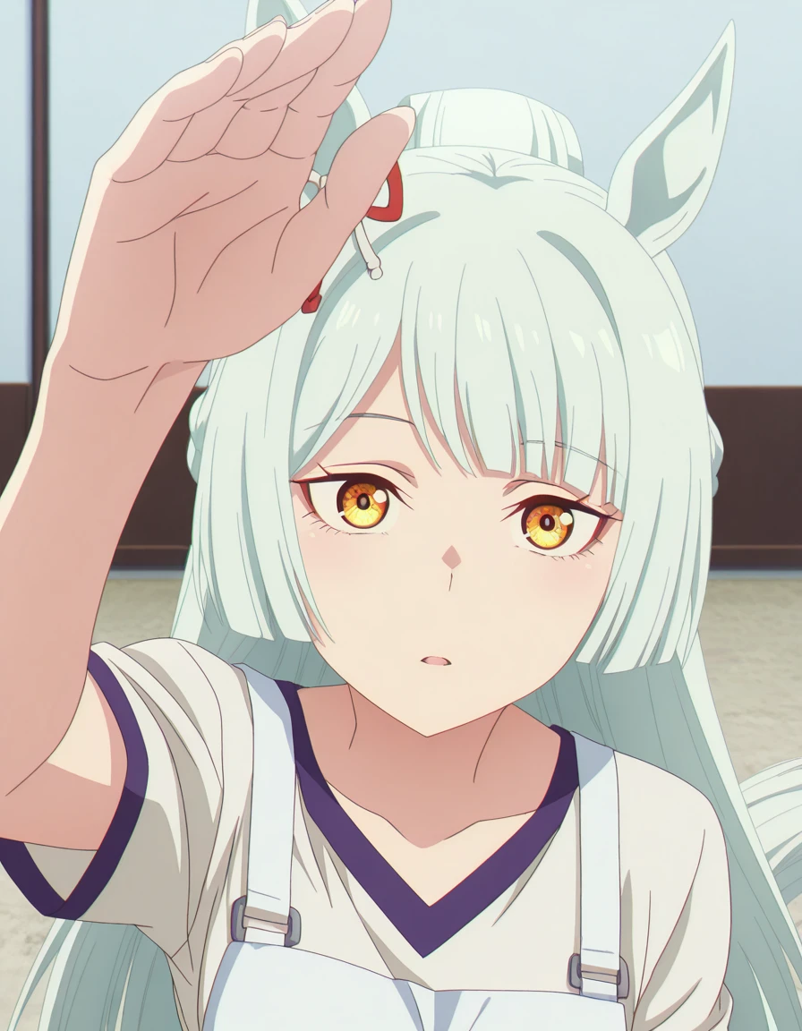 masterpiece, best quality, amazing quality,, <lora:fujimasa-march-s1-illustriousxl-lora-nochekaiser:1>, fujimasa march, long hair, animal ears, tail, yellow eyes, white hair, braid, horse ears, horse girl, horse tail, mature female, small breasts, anime screencap, <lora:incoming-headpat-illustriousxl-lora-nochekaiser:1>, incoming headpat, headpat, pov, outstretched arm, reaching, reaching towards viewer, looking at viewer, upper body, ,