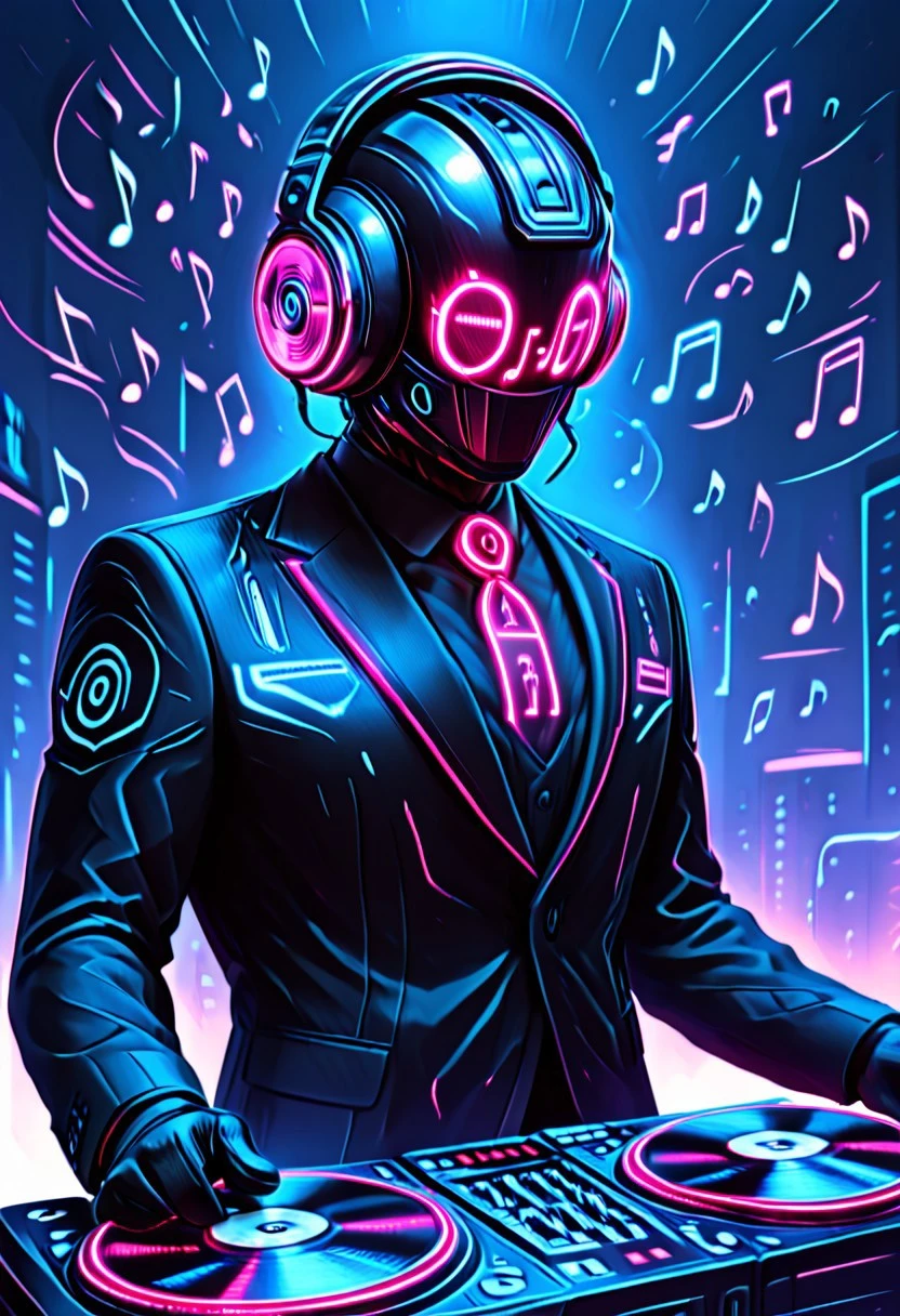 masterpiece, best quality, AdFF, solo, shirt, gloves, long sleeves, 1boy, jacket, upper body, male focus, necktie, collared shirt, black jacket, black shirt, headphones, formal, helmet, suit, eighth note, black suit, , music notes,