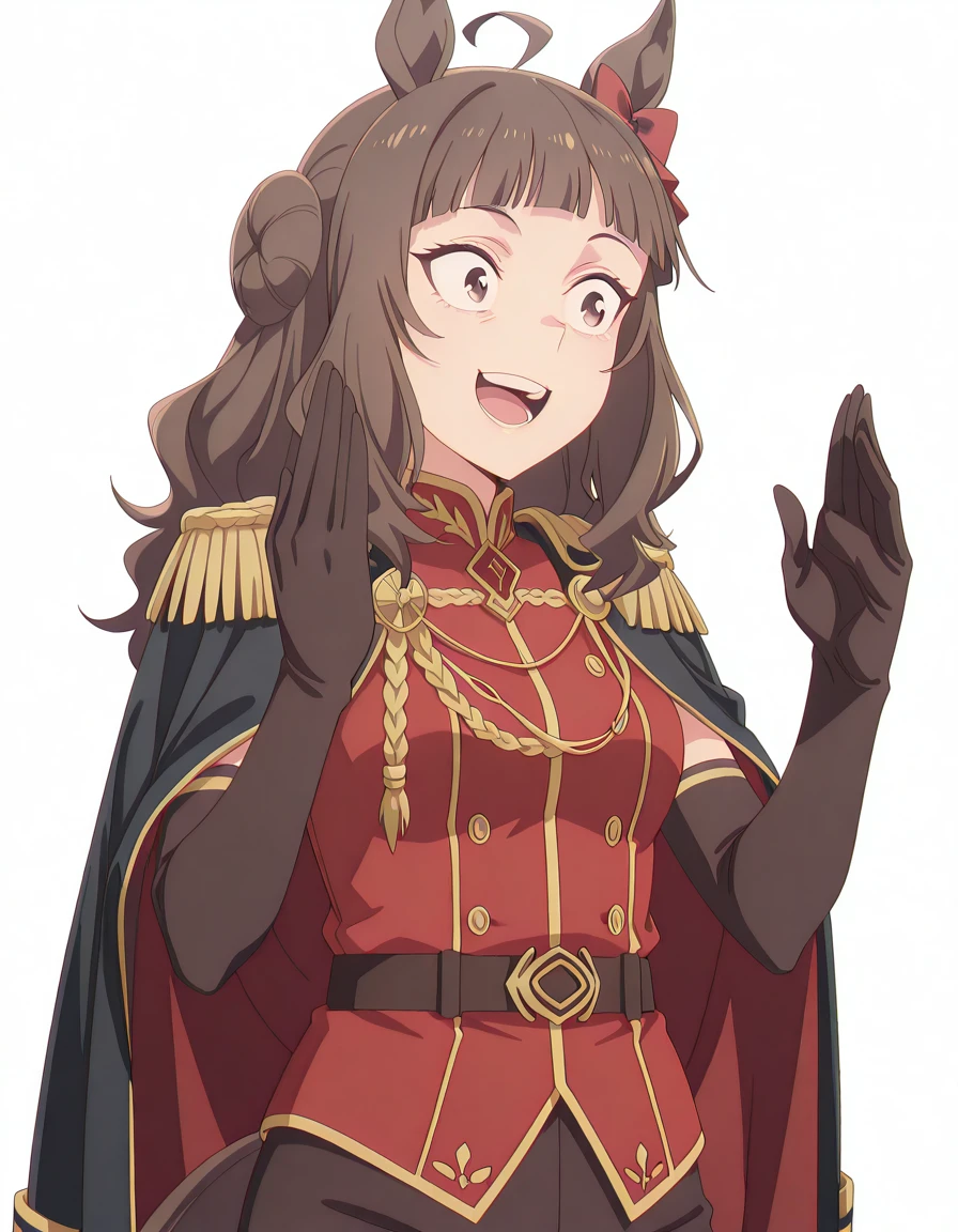 masterpiece, best quality, amazing quality,, <lora:dynam-heroine-s1-illustriousxl-lora-nochekaiser:1>, dynam heroine, long hair, brown hair, animal ears, brown eyes, tail, ahoge, hair bow, blunt bangs, red bow, horse ears, horse girl, horse tail, mature female, small breasts, anime screencap, <lora:aristocratic-clothes-illustriousxl-lora-nochekaiser:1>, aristocratic clothes, aiguillette, belt, boots, coat, elbow gloves, floral print, gloves, gold trim, jacket, knee boots, military coat, military jacket, military uniform, pants, shoulder boards, two-sided coat, two-sided fabric, vest, <lora:you-dense-mf-illustriousxl-lora-nochekaiser:1>, you dense mf, solo, smile, teeth, meme, hands up, wide-eyed, looking to the side, open mouth, , <lora:transparent-background-illustriousxl-lora-nochekaiser:1>, transparent background, simple background, white background