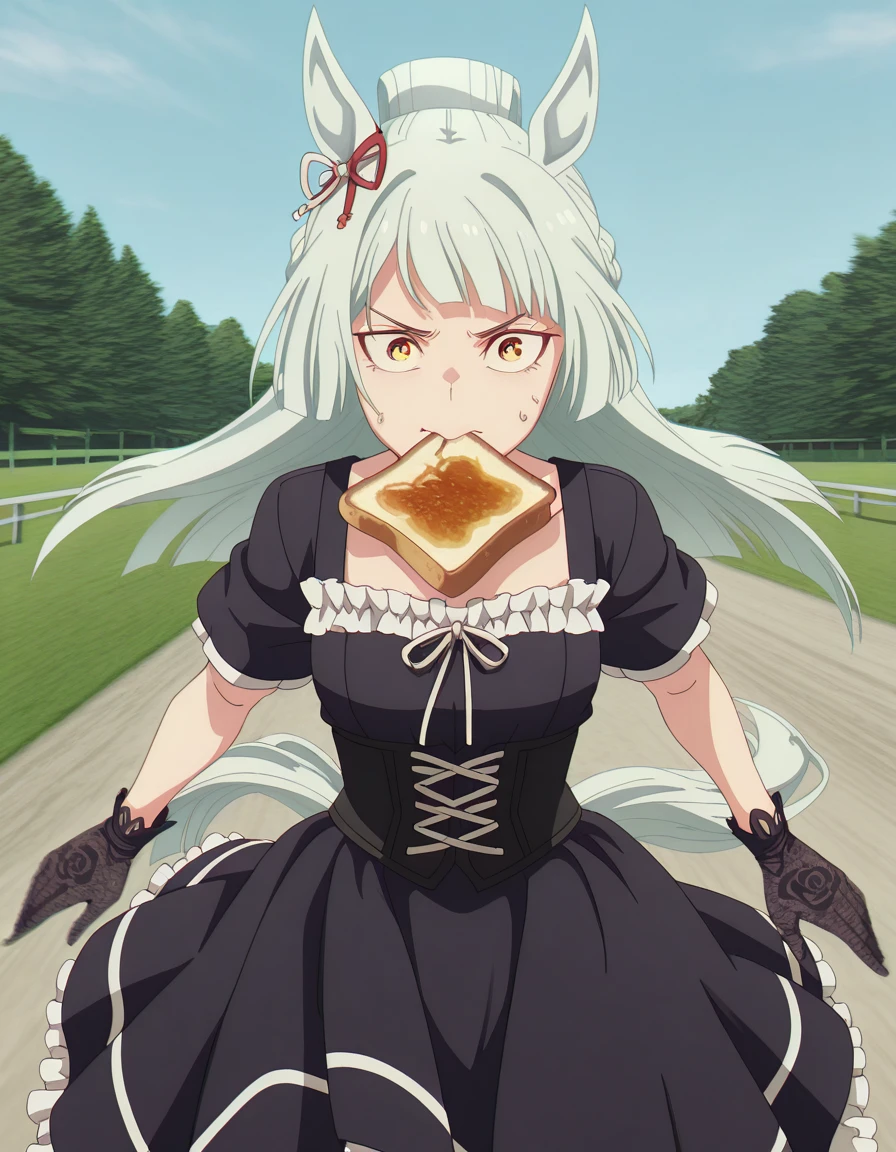 masterpiece, best quality, amazing quality,, <lora:fujimasa-march-s1-illustriousxl-lora-nochekaiser:1>, fujimasa march, long hair, animal ears, tail, yellow eyes, white hair, braid, horse ears, horse girl, horse tail, mature female, small breasts, anime screencap, <lora:gothic-fashion-illustriousxl-lora-nochekaiser:1>, gothic fashion, fashion, goth fashion, frills, frilled dress, black lace dress, corset, petticoat, lace gloves, velvet ribbon, <lora:food-in-mouth-running-illustriousxl-lora-nochekaiser:1>, food in mouth running, food in mouth, running, bread, bread slice, food, toast in mouth, toast, sweatdrop, motion lines, motion blur, outdoors, cowboy shot, straight-on, ,