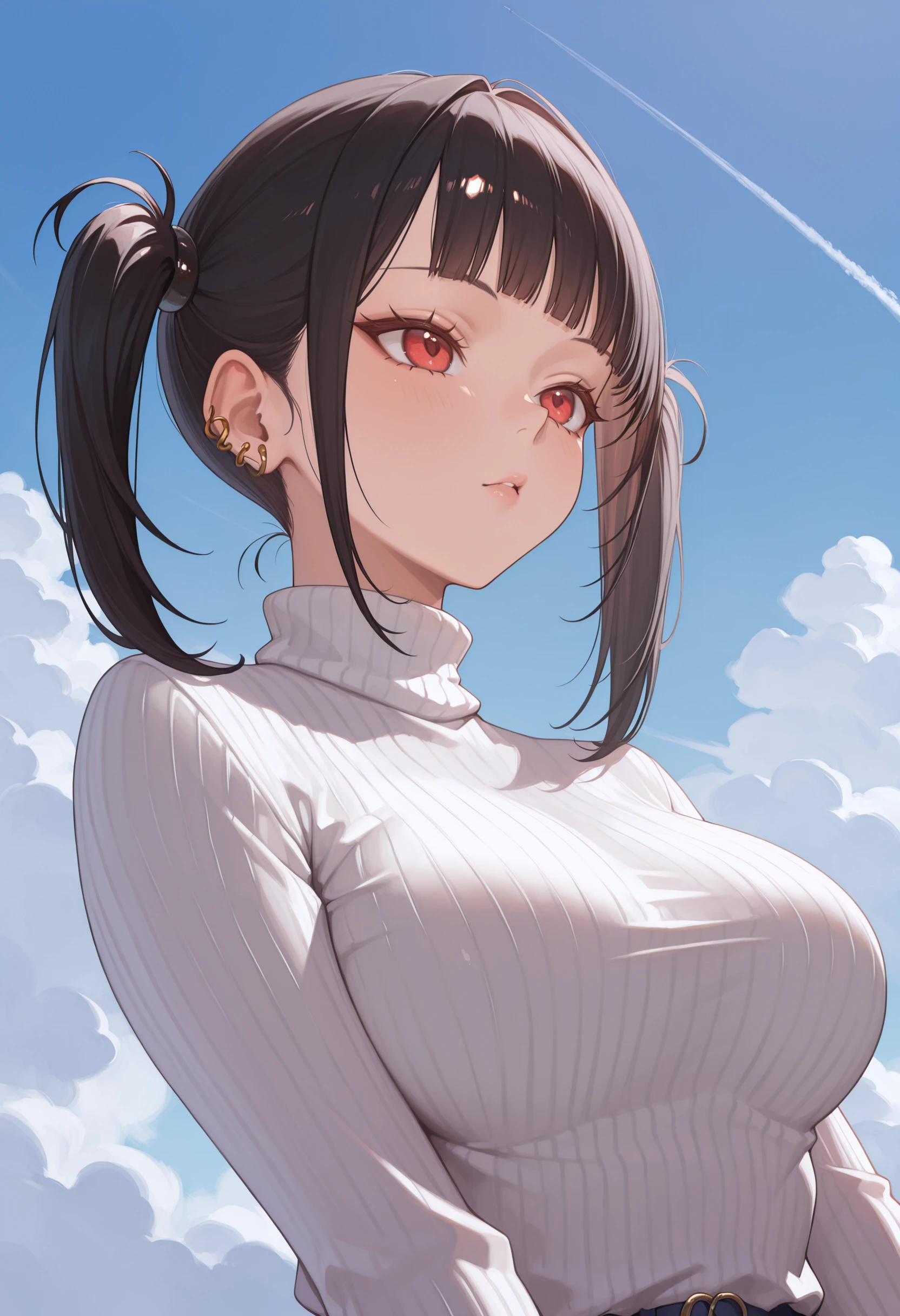 masterpiece, best quality, 1girl, solo, <lora:sora-nikke-richy-v1_ixl:1> srnk, red eyes, black hair, twintails, blunt bangs, ear piercing, jewelry, white sweater, ribbed sweater, turtleneck sweater, blue sky, contrail,