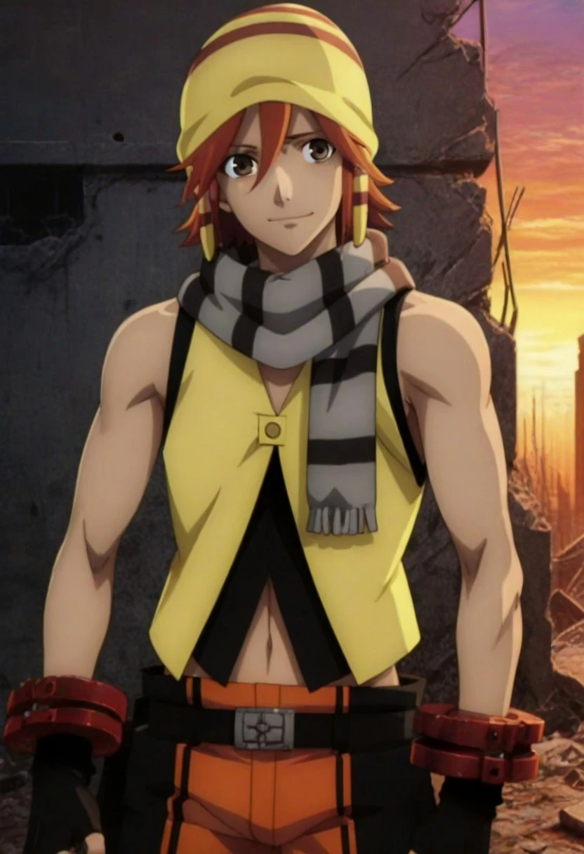 Anime, anime screencap, anime coloring, official art, 1male only, 1boy only, male focus, solo male, tall body, tall height, lean figure, toned body, slim figure, handsome, very attractive male, sexy, cute, charming, Kouta Fujiki, red-orange hair, brown eyes, yellow beanie with orange stripes, gray striped scarf, yellow open vest, single button, black undershirt, sleeveless, midriff, black fingerless gloves, red wrist brace, belt, black and orange shorts, cowboy shot, head to hips shot, smile, post apocalyptic background, sci fi back ground, ruins, sunset