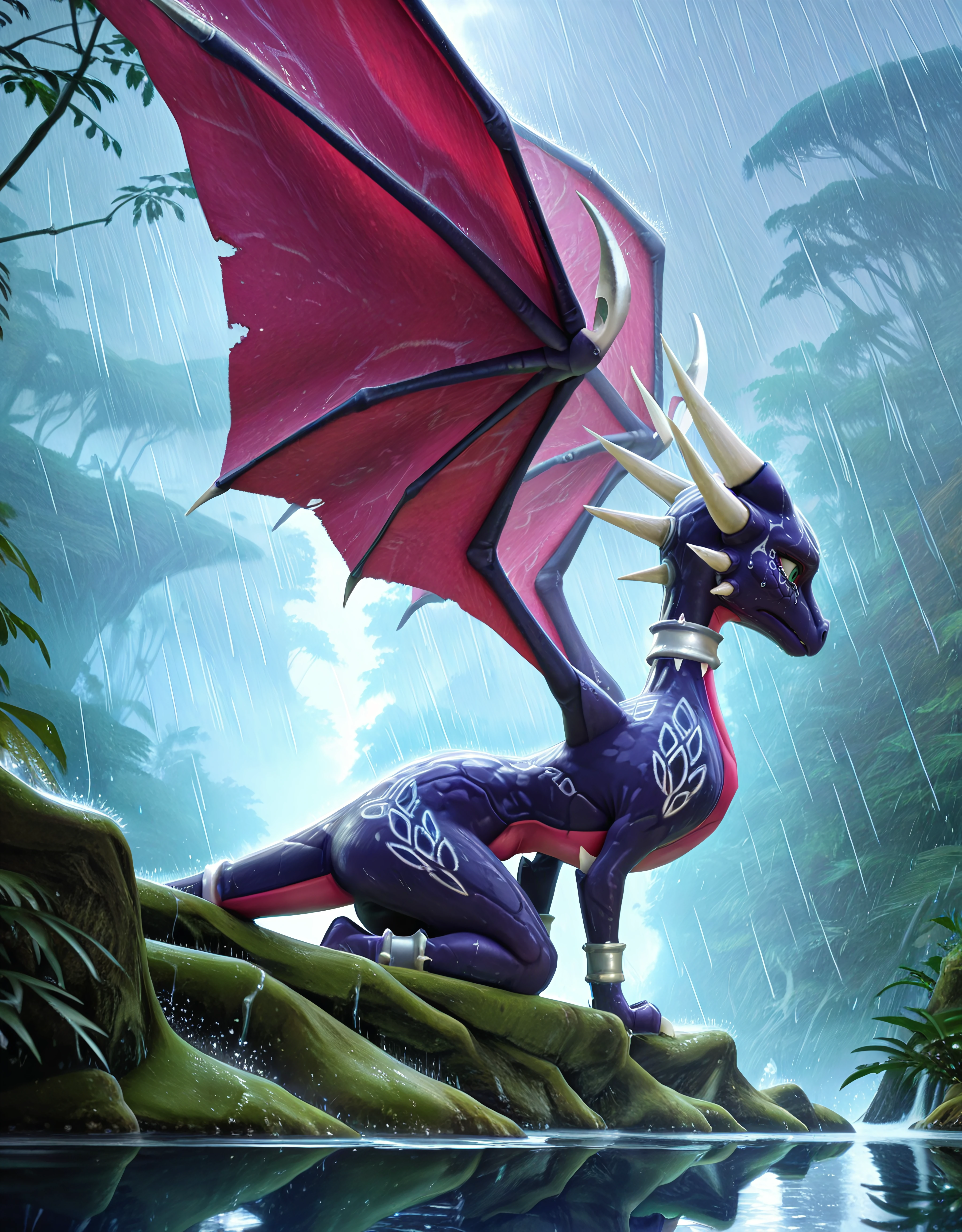 lush rainforest, heavy rain, thunderstorm , cynder, dragon, female, 2 wings, green eyes, solo, hyper realistic, ultra detailed, 8k, masterpiece, majestic, full figure, curvy, feral, young, photorealistic,
By the side of the lake, sitting, seen from behind, sideways, sad, looking at the water, crying,
<lora:Young_Cynder_Illustrious:0.8>
<lora:Smooth_Booster_v3:0.5>