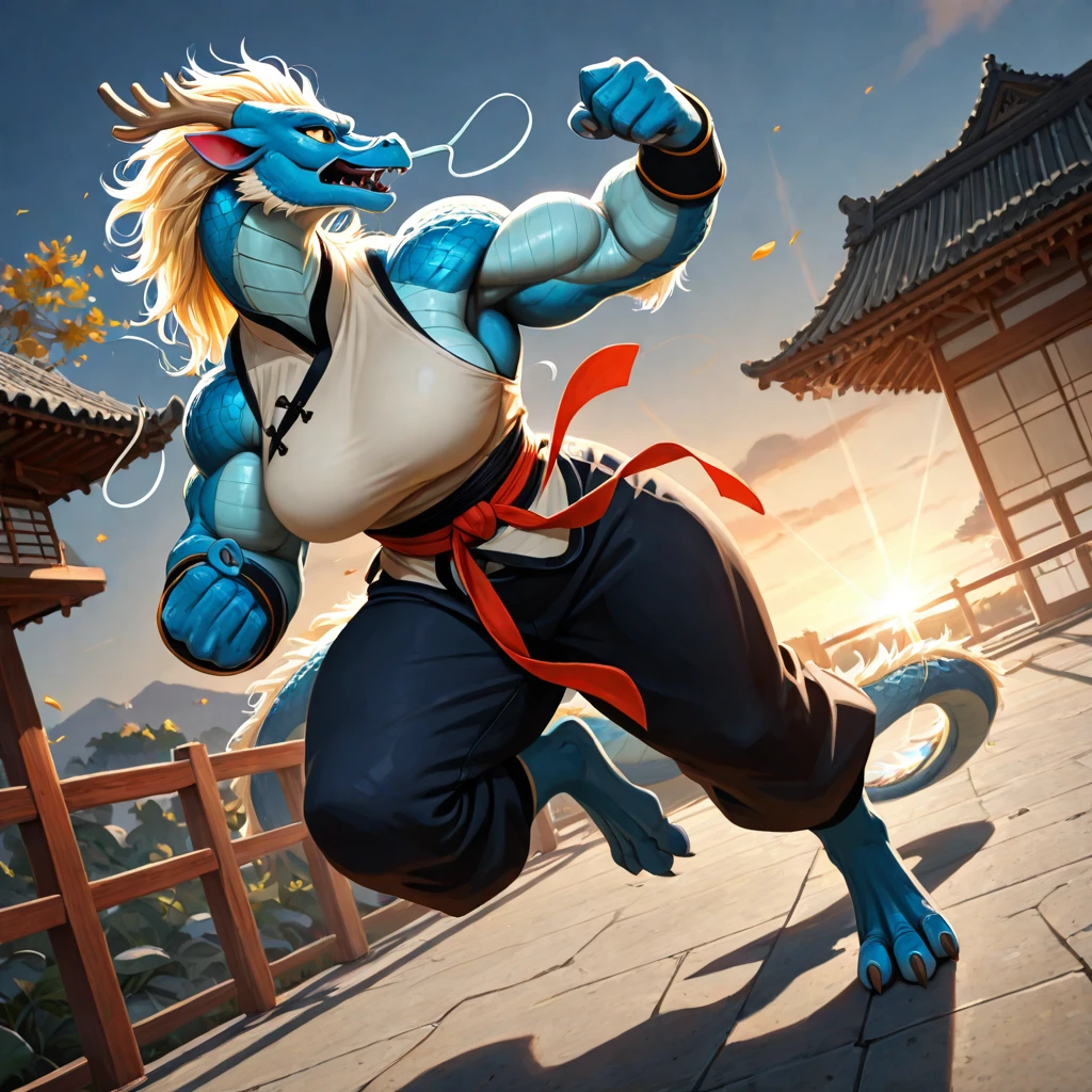 lazypos BREAK (anthro female eastern dragon),1girl,solo,muscular female (enormous muscles, large breasts),blue scales,yellow eyes,sleeveless female beige Japanese martial artist outfit,curvy,thick,voluptuous,serious,martial arts stance BREAK martial arts ring,outdoors,sunny,afternoon,full body,dynamic pose,dynamic angle,dynamic view,