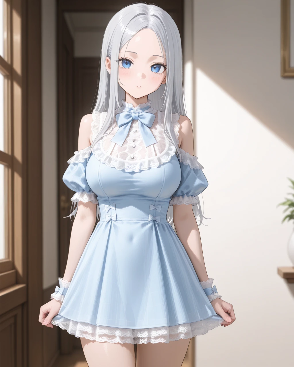 chica con vestido azul y alas blancas cabello corto