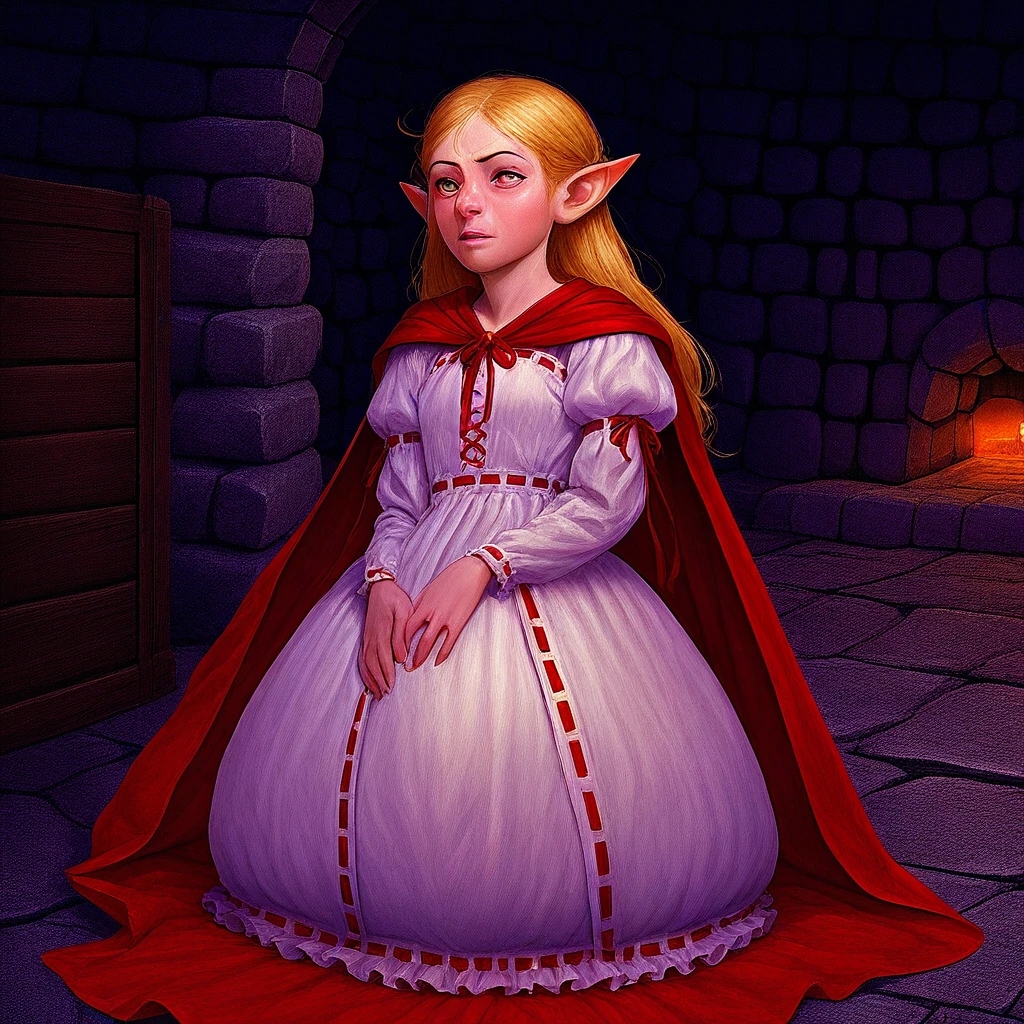 masterpiece, best quality, Super Detail, highest quality, amazing quality, 1garl, solo, pointy ears, ball gown dress, long sleeves, puffy sleeves, ribbon trim, red cape, gems, indoor, stone room,
