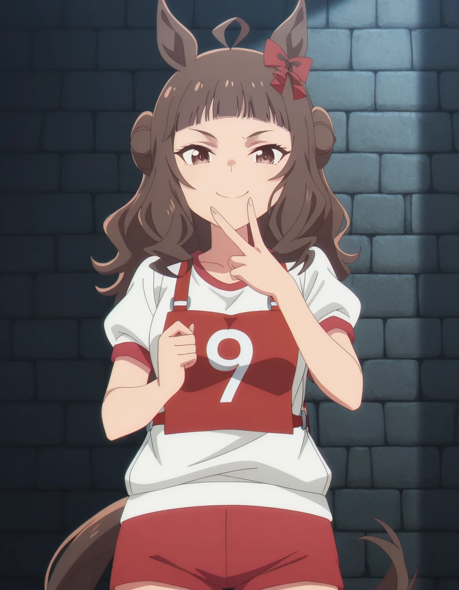 masterpiece, best quality, amazing quality,, <lora:dynam-heroine-s1-illustriousxl-lora-nochekaiser:1>, dynam heroine, long hair, brown hair, animal ears, brown eyes, tail, ahoge, hair bow, blunt bangs, red bow, horse ears, horse girl, horse tail, mature female, small breasts, anime screencap, shirt, white shirt, short sleeves, shorts, pants, gym uniform, red shorts, red pants, gym shirt, race bib, v, v over mouth, smug,, dungeon, stone_walls, chains, torches, dark, cowboy shot, solo, looking at viewer,