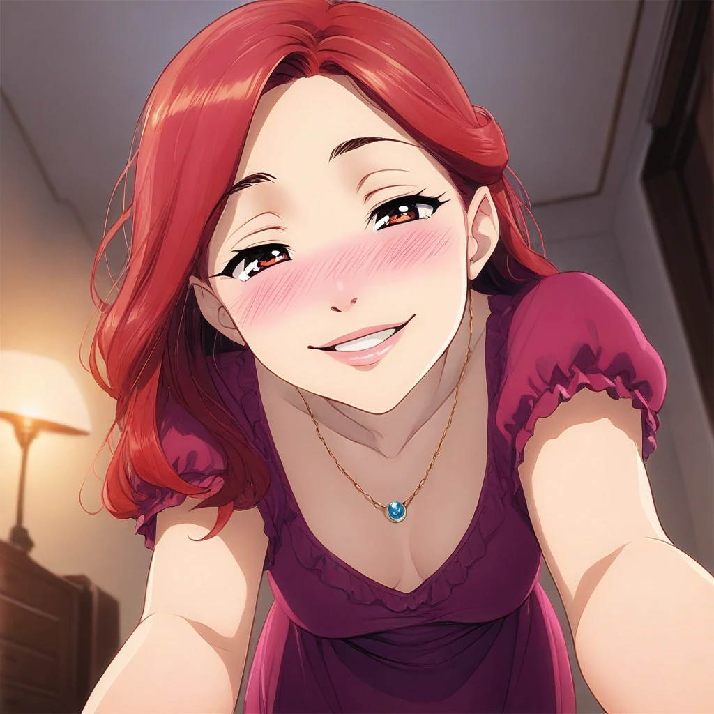 masterpiece, best quality, absurdres, cinematic lighting, 1girl, solo, red hair, necklaces, blushing, dress, inside, bedroom, Flirty, seductive, loving, tender, seductive, seducing, smile, giggle, leaning over, Closeup, from below, solo,