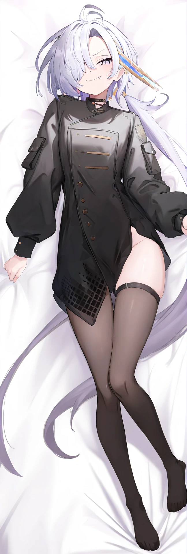 1boy, black hair, bowl cut, wide brown eyes, black turtle neck, thigh highs, smug, HD, masterpiece, bedroom, big thighs, slim upper body, smug, best quality, laying down on stomach, lewd