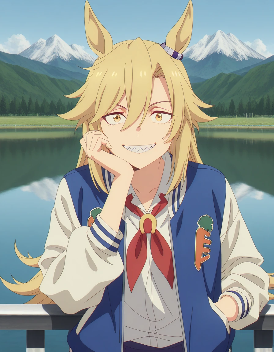 masterpiece, best quality, amazing quality,, <lora:rudy-lemono-s1-illustriousxl-lora-nochekaiser:1>, rudy lemono, long hair, blonde hair, animal ears, hair between eyes, yellow eyes, horse ears, horse girl, sharp teeth, mature female, small breasts, anime screencap, shirt, long sleeves, jacket, white shirt, open clothes, open jacket, blue jacket, red neckerchief, letterman jacket, head rest, smile,, lake, water, reflection, mountains, calm, cowboy shot, solo, looking at viewer,