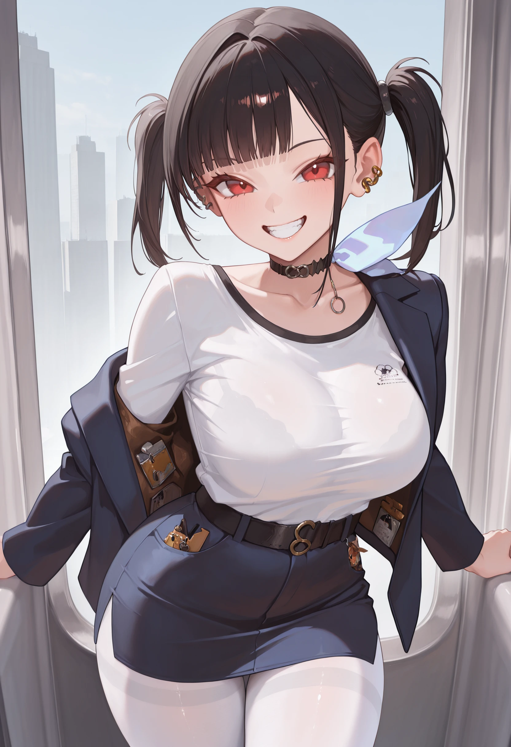 masterpiece, best quality, 1girl, solo, <lora:sora-nikke-richy-v1_ixl:1> srnk, red eyes, black hair, twintails, blunt bangs, ear piercing, jewelry, choker, blue bow, collarbone, large breasts, white shirt, black jacket, pencil skirt, miniskirt, belt, white pantyhose, smile, teeth, looking at viewer,