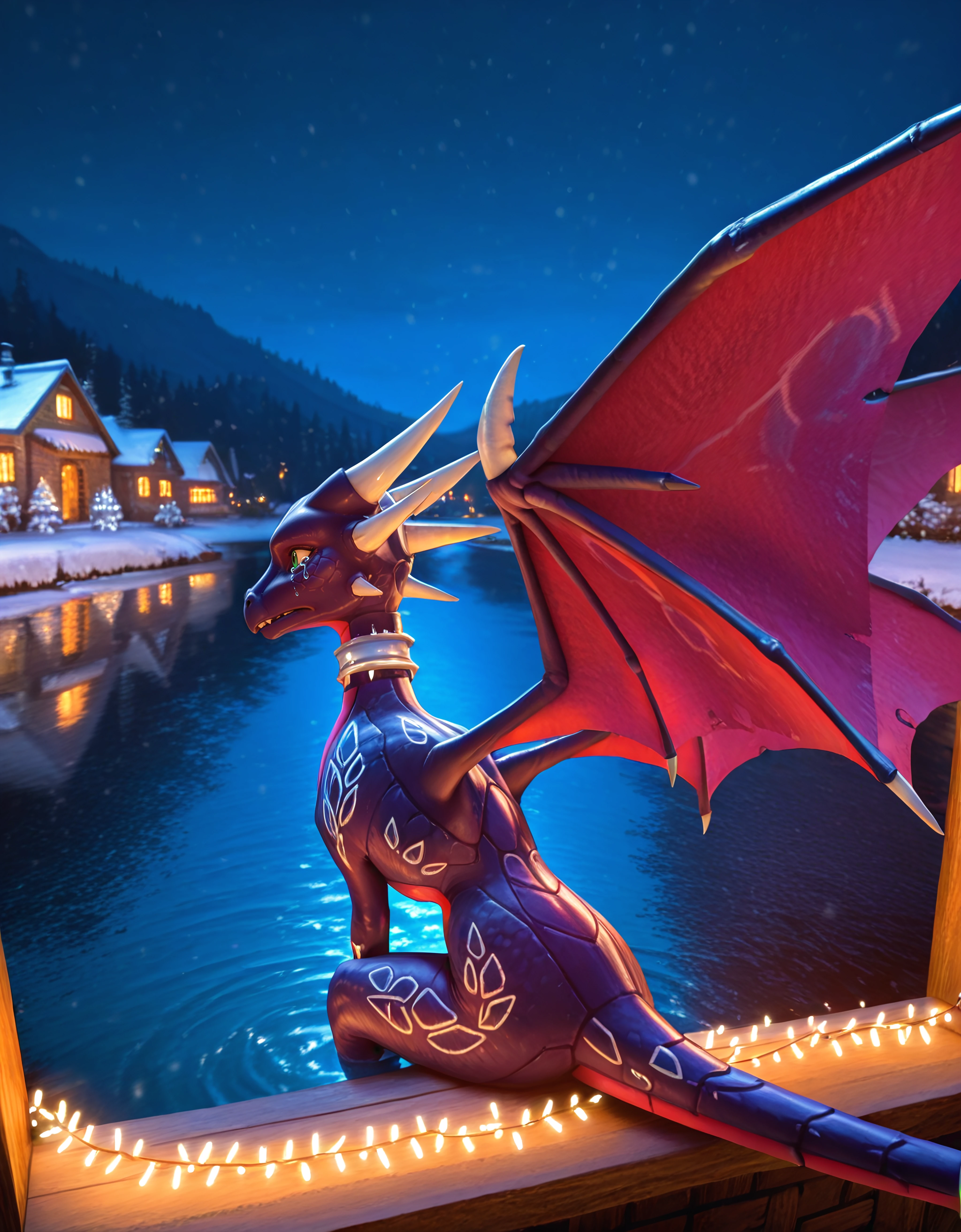 snowy village, christmas lights, night , cynder, dragon, female, 2 wings, green eyes, solo, hyper realistic, ultra detailed, 8k, masterpiece, majestic, full figure, curvy, feral, young, photorealistic,
By the side of the lake, sitting, seen from behind, sideways, sad, looking at the water, crying,
<lora:Young_Cynder_Illustrious:0.8>
<lora:Smooth_Booster_v3:0.5>