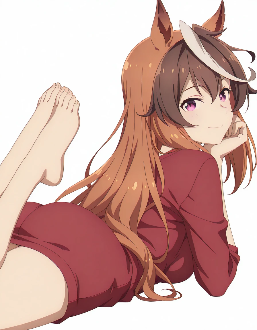 masterpiece, best quality, amazing quality,, <lora:symboli-rudolf-s1-illustriousxl-lora-nochekaiser:1>, symboli rudolf, symboli rudolf (umamusume), long hair, brown hair, animal ears, hair between eyes, purple eyes, white hair, multicolored hair, streaked hair, horse ears, horse girl, mature female, medium breasts, anime screencap, <lora:the-pose-illustriousxl-lora-nochekaiser:1>, the pose, on stomach, feet up, lying, soles, feet, legs up, head rest, barefoot, ass, from behind, looking back, looking at viewer, smile, blush,, , <lora:transparent-background-illustriousxl-lora-nochekaiser:1>, transparent background, simple background, white background