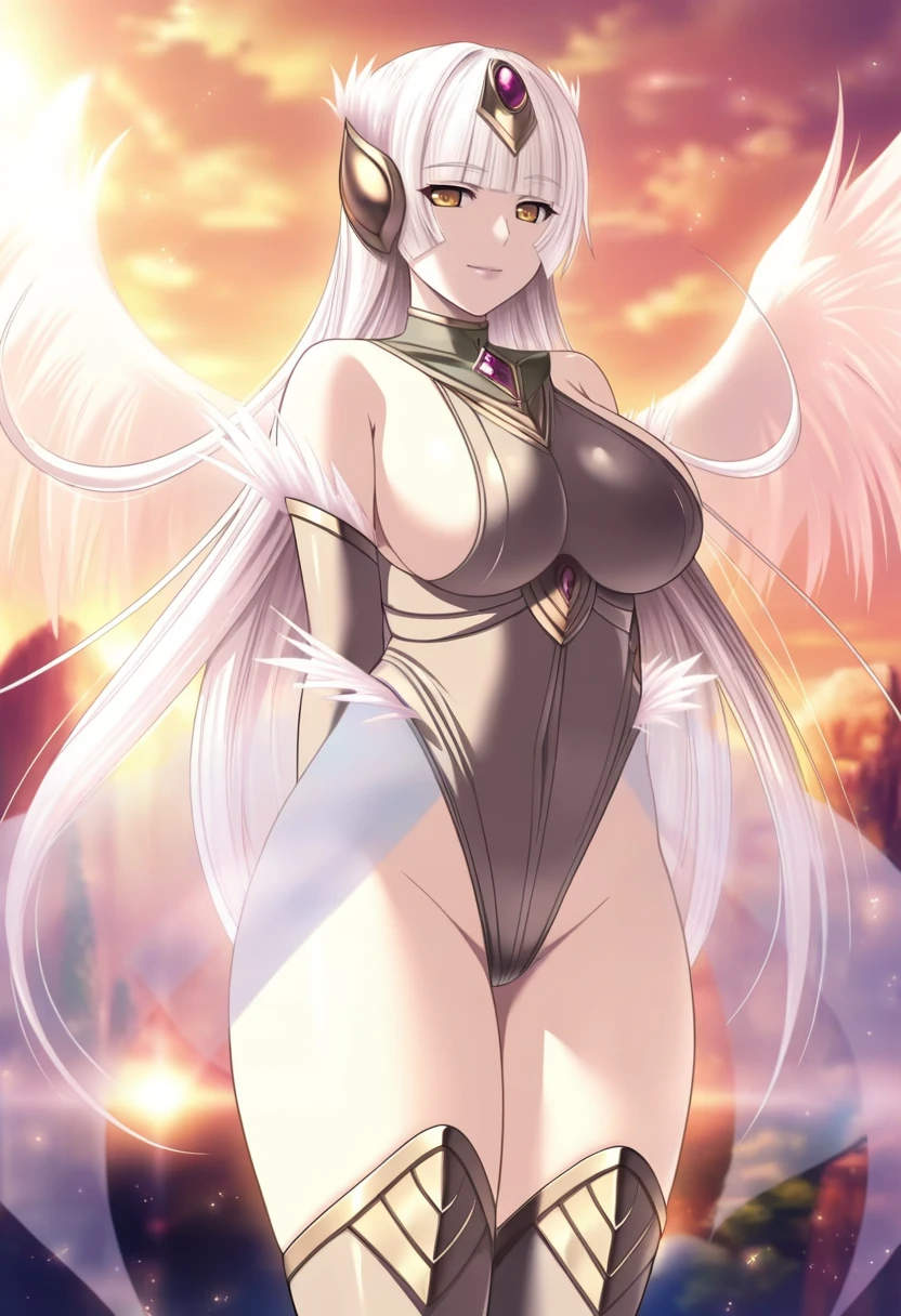 Heavenly Emperor, king of light, beautiful woman, Good shape, White Angel Dress, white skin, yellow eyes, long white hair, big breasts, Big butt.