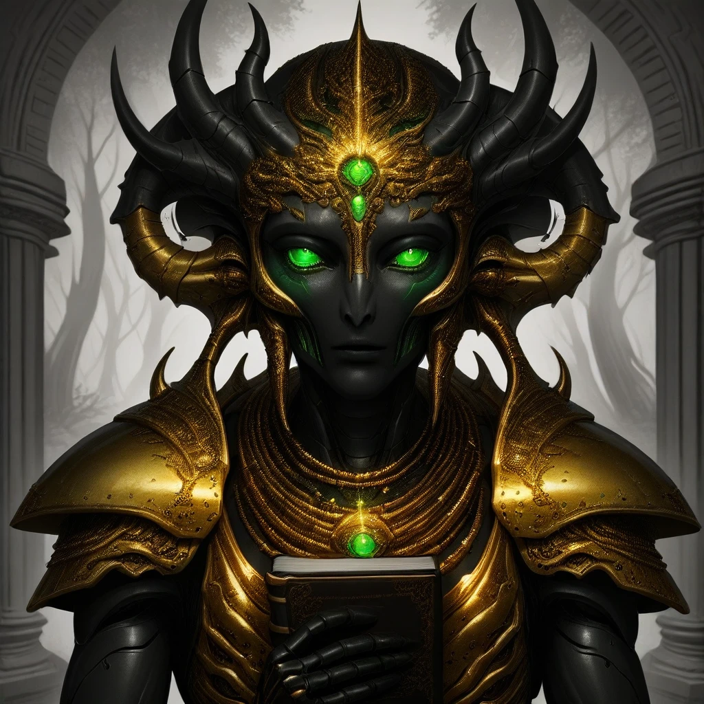 portrait, monochrome, gold armor, blonde hair, grey background, horns, glowing, humanoid robot, black skin, holding book, necklace, forest, gloves, pillar, green eyes, hand between legs