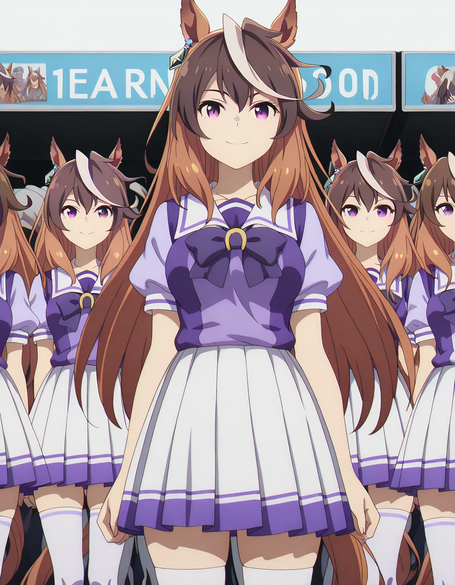 masterpiece, best quality, amazing quality,, <lora:symboli-rudolf-s1-illustriousxl-lora-nochekaiser:1>, symboli rudolf, symboli rudolf (umamusume), long hair, brown hair, animal ears, hair between eyes, purple eyes, white hair, multicolored hair, streaked hair, horse ears, horse girl, mature female, medium breasts, anime screencap, shirt, skirt, thighhighs, bow, short sleeves, pleated skirt, puffy sleeves, bowtie, sailor collar, white thighhighs, puffy short sleeves, white skirt, purple shirt,, smile, convention, crowd, booths, posters, event, cowboy shot, solo, looking at viewer, <lora:transparent-background-illustriousxl-lora-nochekaiser:1>, transparent background, simple background, white background