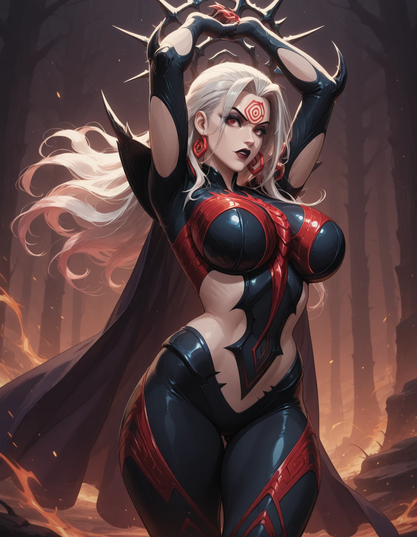 Full body, masterpiece, female drow elf purple skin standing pose, red cape, red bikini, long blonde hair, strong body, abs, no males, high heels, pool background, water surface, daylight, trees, slave female with choker, blindfolded, shackles on legs and arms