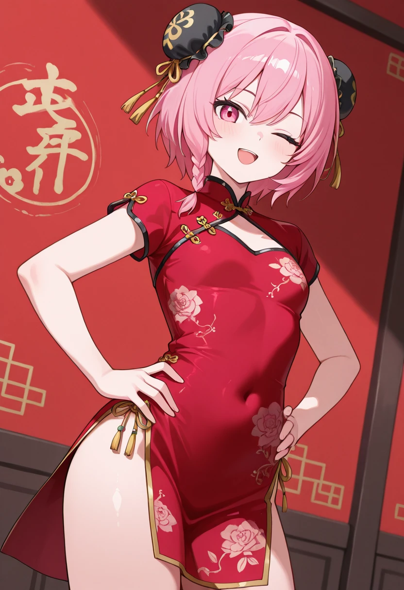 Pink Hair、Pink Eyes、girl、Small breasts、Hair Bun、girl、Small breasts、Lolita、Bright smile、Looks about 15 years old、Petan Musume、short、目のhighlight、Sexy thighs、Wearing china clothes、Chinese restaurant、Your eyes are so beautiful、highlight