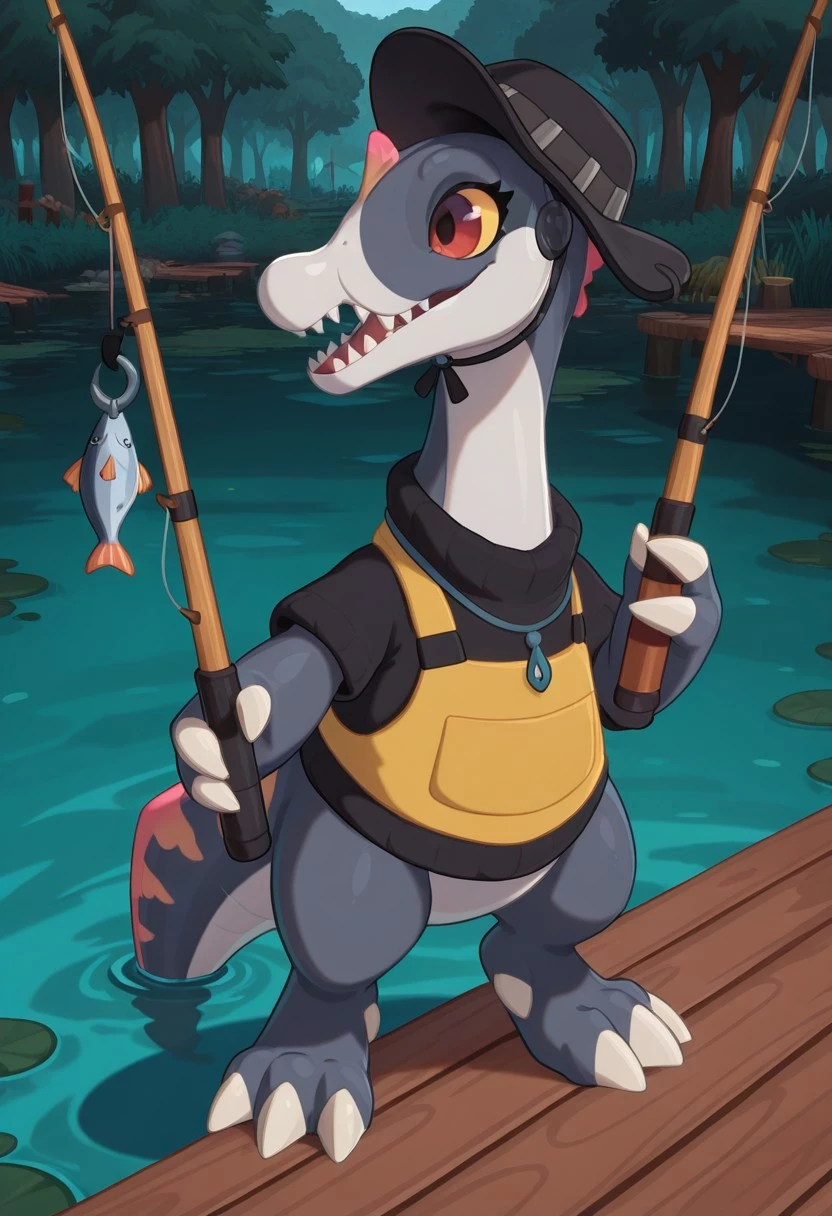 1girl, highres, absurdres, newest, masterpiece, best quality, claws, rejoice, Ezra, female, spinosaur, gray skin, red eyes, 3 fingers, 3 toes, yellow vest, black sweater, fishing hat, pier, swamp, 1 fishing rod in hands, fish on a hook, caught a fish