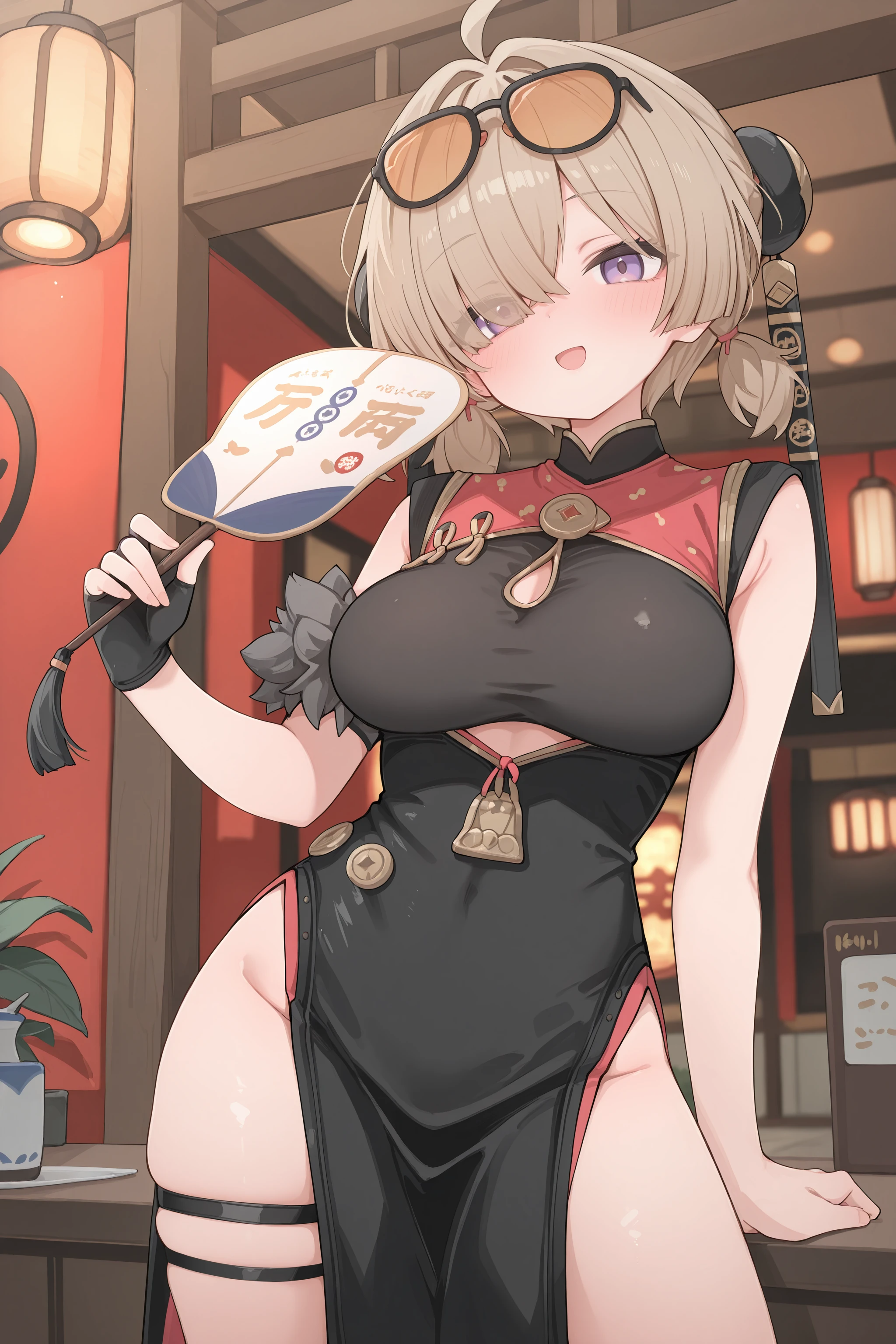 1girl, sweety \(zenless zone zero\), hair over one eye, low twintails, double bun, hairpods, eyewear on head, sunglasses, solo, sleeveless qipao, single fingerless glove, fur-trimmed armband, thigh strap, cowboy shot, standing, contrapposto, holding fan, paper fan, doyagao, restaurant, east asian architecture, indoors, depth of field <lora:Char-ZZZ-Sweety-V1-IL:0.9:hr=0.6>, (e-note, sumiyao \(amam\), mikozin:0.8), wagashi \(dagashiya\), reel \(riru\)
masterpiece, best quality, amazing quality, very aesthetic, absurdres, newest, (scenery, volumetric lighting)