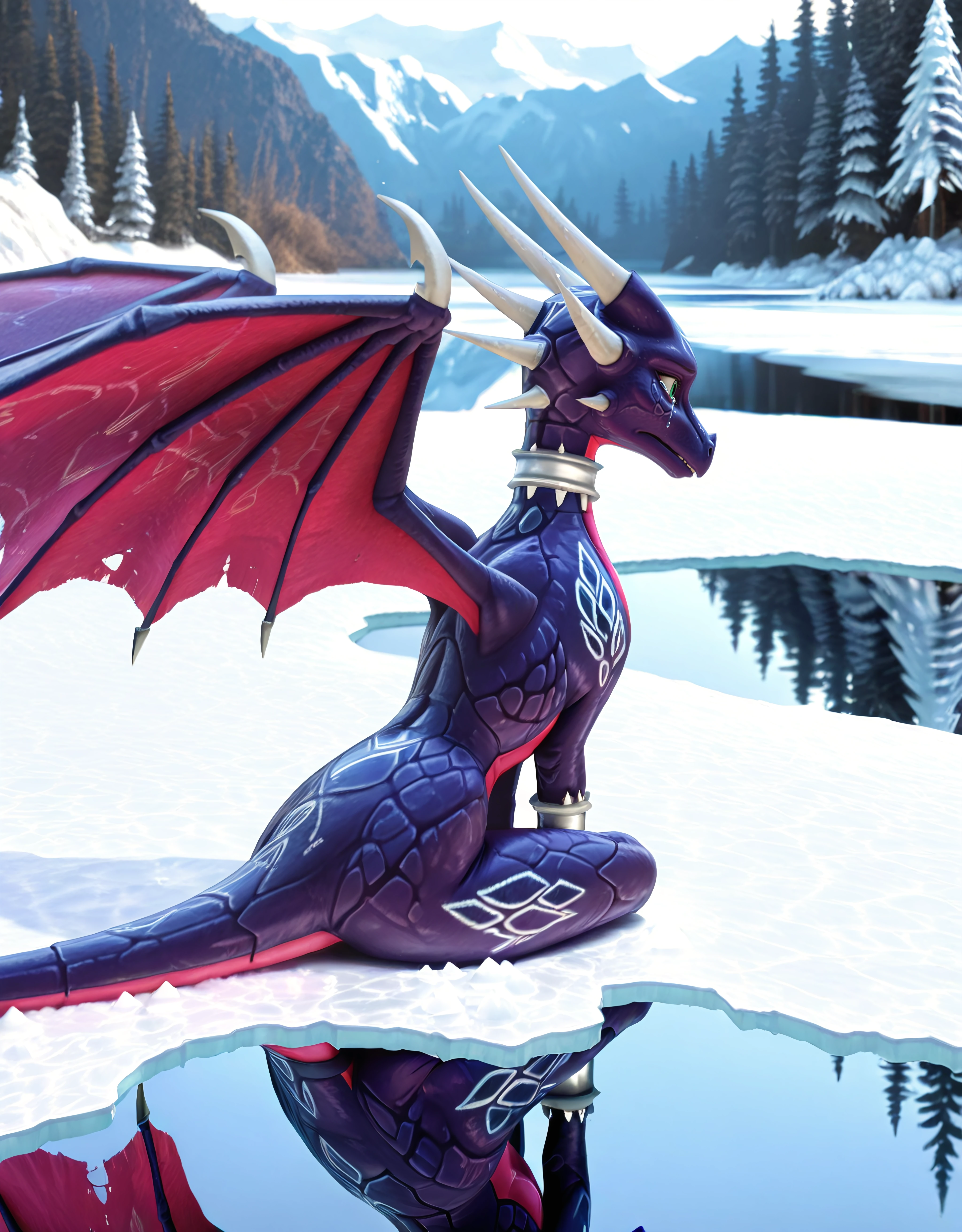 icy cave, frozen lake, winter , cynder, dragon, female, 2 wings, green eyes, solo, hyper realistic, ultra detailed, 8k, masterpiece, majestic, full figure, curvy, feral, young, photorealistic,
By the side of the lake, sitting, seen from behind, sideways, sad, looking at the water, crying,
<lora:Young_Cynder_Illustrious:0.8>
<lora:Smooth_Booster_v3:0.5>