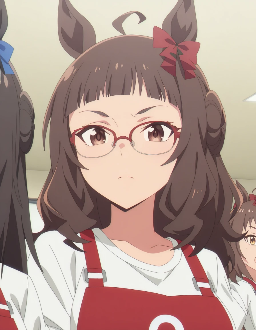 masterpiece, best quality, amazing quality,, <lora:dynam-heroine-s1-illustriousxl-lora-nochekaiser:1>, dynam heroine, long hair, brown hair, animal ears, brown eyes, tail, ahoge, hair bow, blunt bangs, red bow, horse ears, horse girl, horse tail, mature female, small breasts, anime screencap, ayame kajou, long hair, black hair, brown eyes, yellow eyes, glasses, braid, mature female, medium breasts, anime screencap, ,