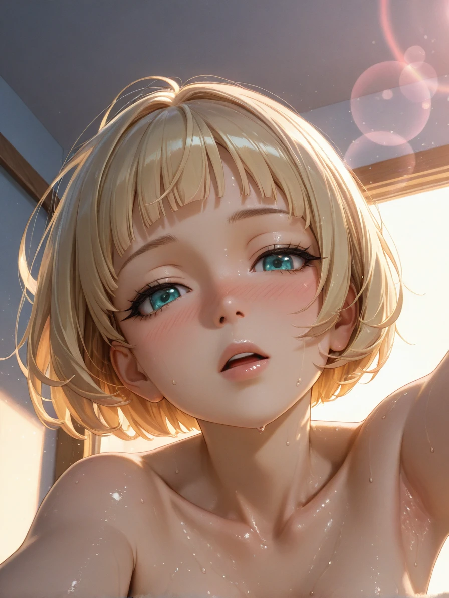 boyish　Slanted Eyes　Blonde　whole body　　moonlight　Bob Short　At the bed　Petite　Completely naked　Sex　Sweaty　Looking up　Butt