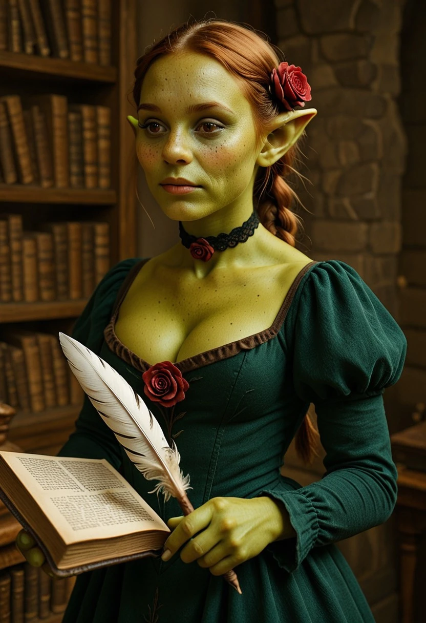 masterpiece, best quality, a 1girl, Marla, choker, dress, looking_at_viewer, rose, green_dress, colored_skin, freckles, young goblin, green_skin, 1girl, braid, solo, cleavage, flower, holding, book, juliet_sleeves, pointy_ears, quill, brown_eyes