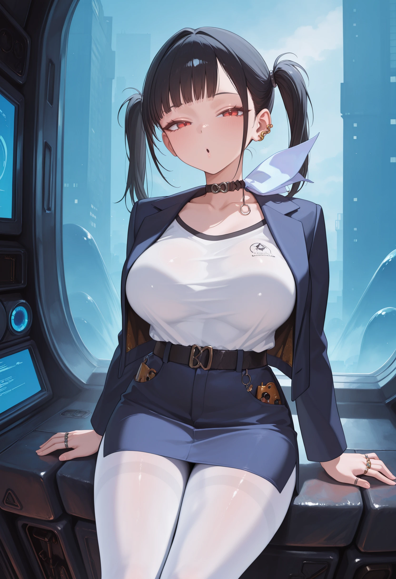 masterpiece, best quality, 1girl, solo, <lora:sora-nikke-richy-v1_ixl:1> srnk, red eyes, black hair, twintails, blunt bangs, ear piercing, jewelry, choker, blue bow, collarbone, large breasts, white shirt, black jacket, pencil skirt, miniskirt, belt, white pantyhose, sitting, :o, dot mouth, blue theme, dark, darkness, night, science fiction, night club, looking at viewer, half-closed eyes, ring