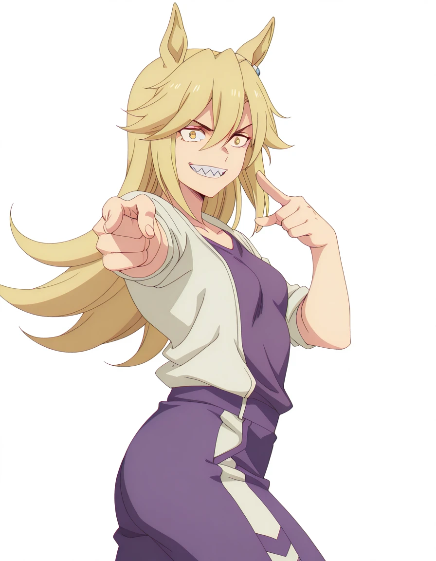 masterpiece, best quality, amazing quality,, <lora:rudy-lemono-s1-illustriousxl-lora-nochekaiser:1>, rudy lemono, long hair, blonde hair, animal ears, hair between eyes, yellow eyes, horse ears, horse girl, sharp teeth, mature female, small breasts, anime screencap, <lora:jotaro-kujo-pose-illustriousxl-lora-nochekaiser:1>, jotaro kujo pose, kujo jotaro's pose (jojo), jojo pose, pointing, pointing at viewer, cowboy shot, , <lora:transparent-background-illustriousxl-lora-nochekaiser:1>, transparent background, simple background, white background
