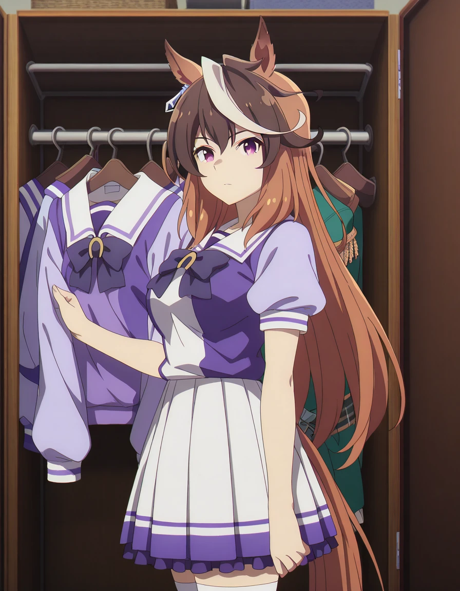 masterpiece, best quality, amazing quality,, <lora:symboli-rudolf-s1-illustriousxl-lora-nochekaiser:1>, symboli rudolf, symboli rudolf (umamusume), long hair, brown hair, animal ears, hair between eyes, purple eyes, white hair, multicolored hair, streaked hair, horse ears, horse girl, mature female, medium breasts, anime screencap, shirt, skirt, thighhighs, bow, short sleeves, pleated skirt, puffy sleeves, bowtie, sailor collar, white thighhighs, puffy short sleeves, white skirt, purple shirt,, from side, closet, clothes, shelves, hangers, storage, cowboy shot, solo, looking at viewer,