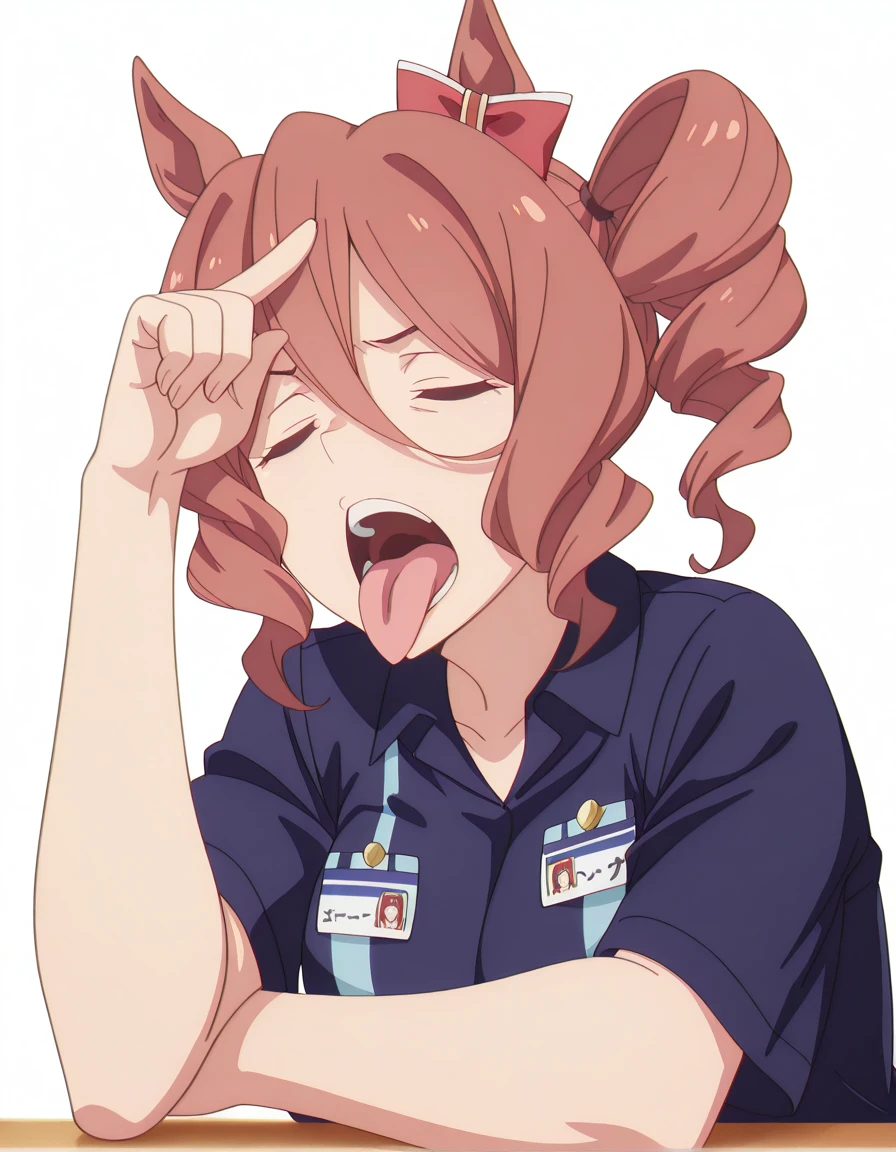 masterpiece, best quality, amazing quality,, <lora:norn-ace-s1-illustriousxl-lora-nochekaiser:1>, norn ace, brown hair, animal ears, hair between eyes, brown eyes, side ponytail, horse ears, horse girl, drill hair, mature female, breasts, anime screencap, <lora:alden-richards-tongue-out-meme-illustriousxl-lora-nochekaiser:1>, alden richards tongue out meme, solo, open mouth, shirt, sitting, upper body, short sleeves, teeth, collared shirt, tongue, indoors, tongue out, uniform, blue shirt, parody, meme, name tag, employee uniform, closed eyes, hand up, index finger raised, hand on own forehead, arm rest, looking at viewer,, , <lora:transparent-background-illustriousxl-lora-nochekaiser:1>, transparent background, simple background, white background