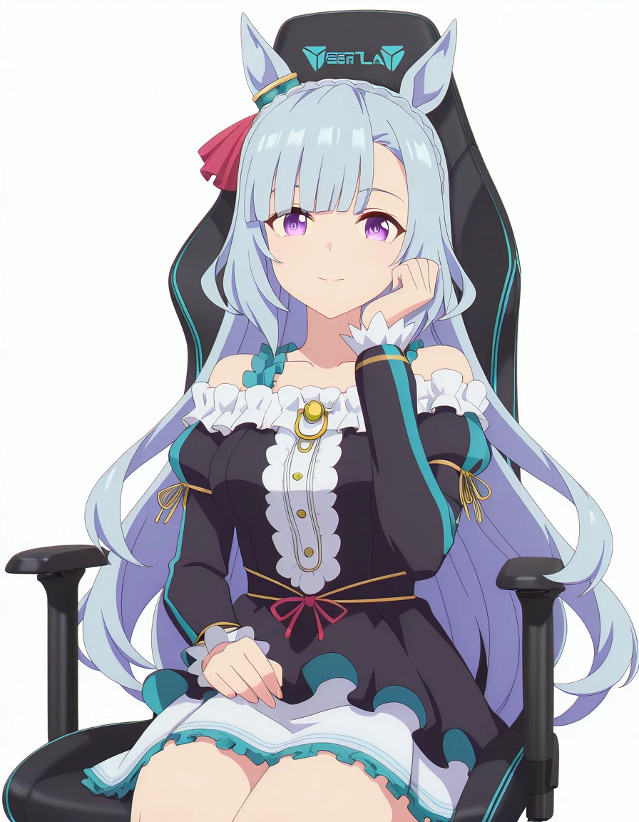 masterpiece, best quality, amazing quality,, <lora:mejiro-ardan-s1-illustriousxl-lora-nochekaiser:1>, mejiro ardan, mejiro ardan (umamusume), long hair, animal ears, blue hair, purple eyes, braid, horse ears, horse girl, crown braid, mature female, breasts, anime screencap, <lora:secretlab-chair-illustriousxl-lora-nochekaiser:1>, secretlab chair, chair, office chair, gaming chair, sitting, cowboy shot, elbow rest, , <lora:transparent-background-illustriousxl-lora-nochekaiser:1>, transparent background, simple background, white background