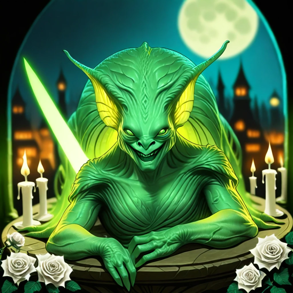 holding weapon, monster girl, night, full moon, moon, blurry background, smile, city, green skin, candle, gradient background, veins, sword, white rose, energy sword, lying