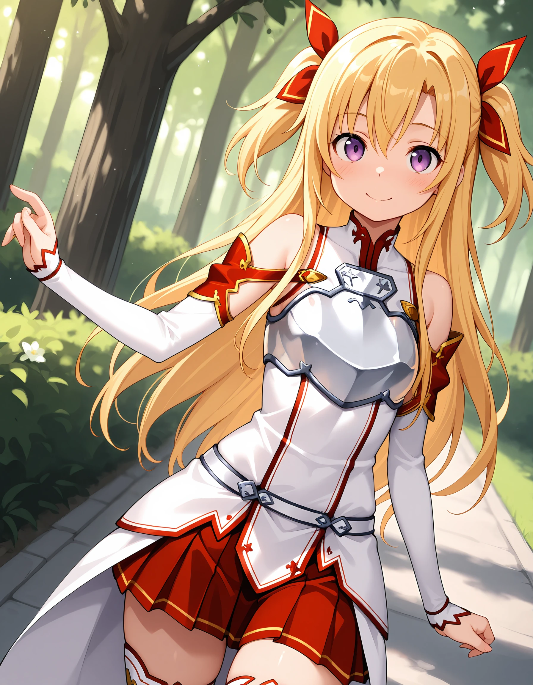 masterpiece, best quality, amazing quality, ultra detail, best resolution, good , good hand,
BREAK <lora:Eurasia Of End Nora to Oujo to Noraneko Heart (HARUKAZE)-illustrious:0.5> Eurasia Of End, blond hair, very long hair, 2side up, hair ribbon, red ribbon, purple eyes, small ,
BREAK <lora:Knights of the Blood Oath uniform-illustrious:1> Knights-of-the-Blood-Oath-uniform, thighhigh,
BREAK 1girl, solo, dynamic angle,  posing, smile, outdoor,