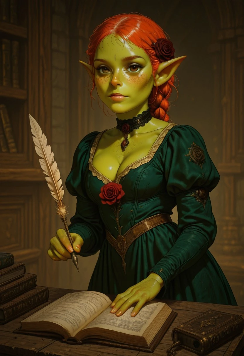 masterpiece, best quality, 1girl, realistic, M4gicalL1nes, Marla, choker, dress, looking_at_viewer, rose, green_dress, colored_skin, freckles, young goblin, green_skin, 1girl, braid, solo, cleavage, flower, holding, book, juliet_sleeves, pointy_ears, quill, brown_eyes
